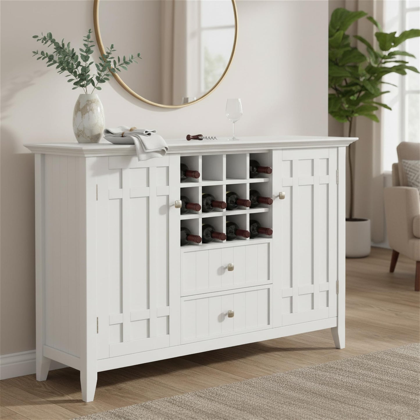 SIMPLIHOME Bedford Buffet - 54 inch Wide Solid Wood 3-Door Sideboard Buffet with Wine Rack in White, Transitional Cabinet for Dining Room or Kitchen with Adjustable Shelves