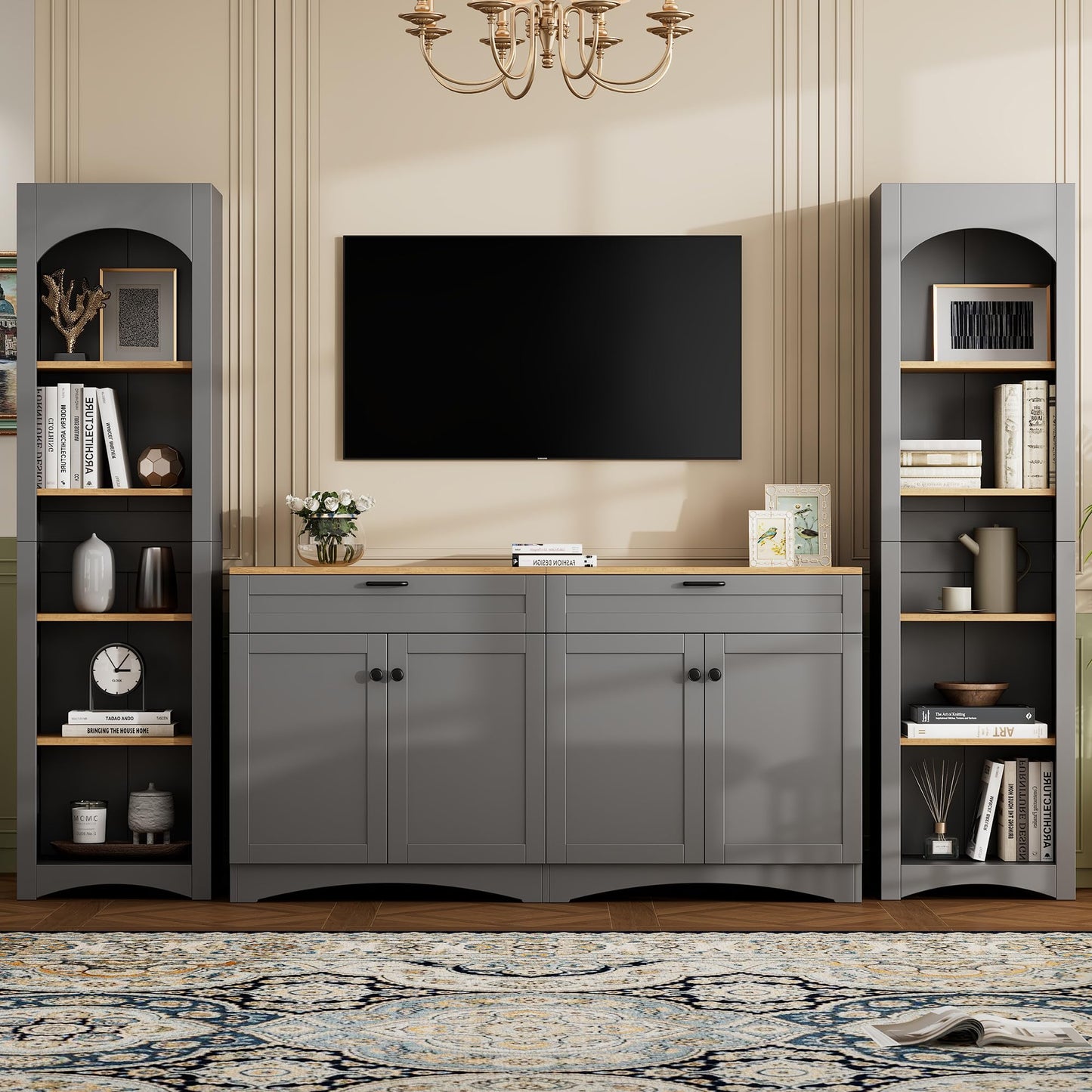 Merax Modern 3 Piece TV Stands with 2 Bookshelves for Televisions Up to 70'', Wood Large Entertainment Center w/Storage, Media Console for Living Room Bedroom, Gray