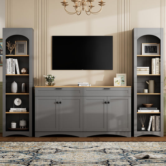 Merax Modern 3 Piece TV Stands with 2 Bookshelves for Televisions Up to 70'', Wood Large Entertainment Center w/Storage, Media Console for Living Room Bedroom, Gray