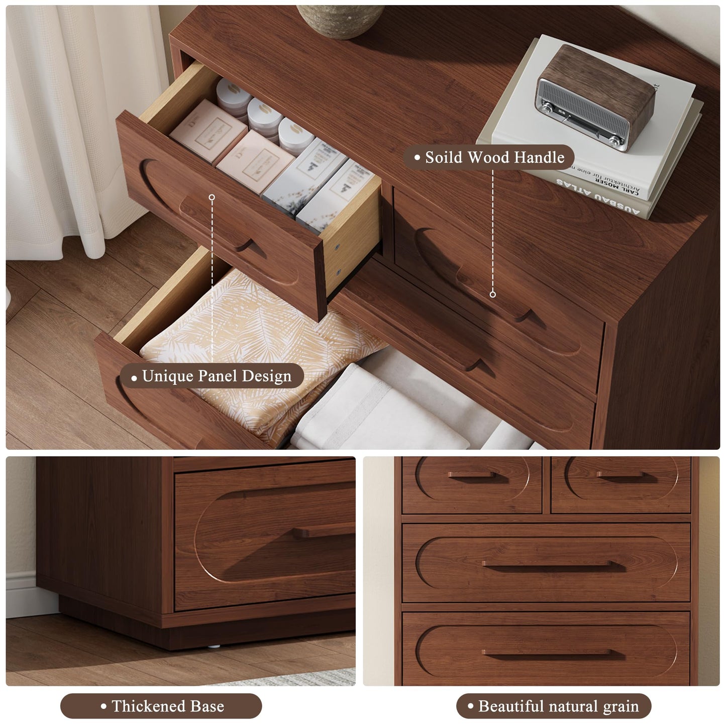 YANSNWO Walnut 6 Drawer Dresser for Bedroom, 44" Tall Dressers & Chest of Drawers w/Solid Wood Handle, Wood Mid Century Closet Organizers and Storage Cabinet for Bedroom, Living Room, Hallway, Walnut