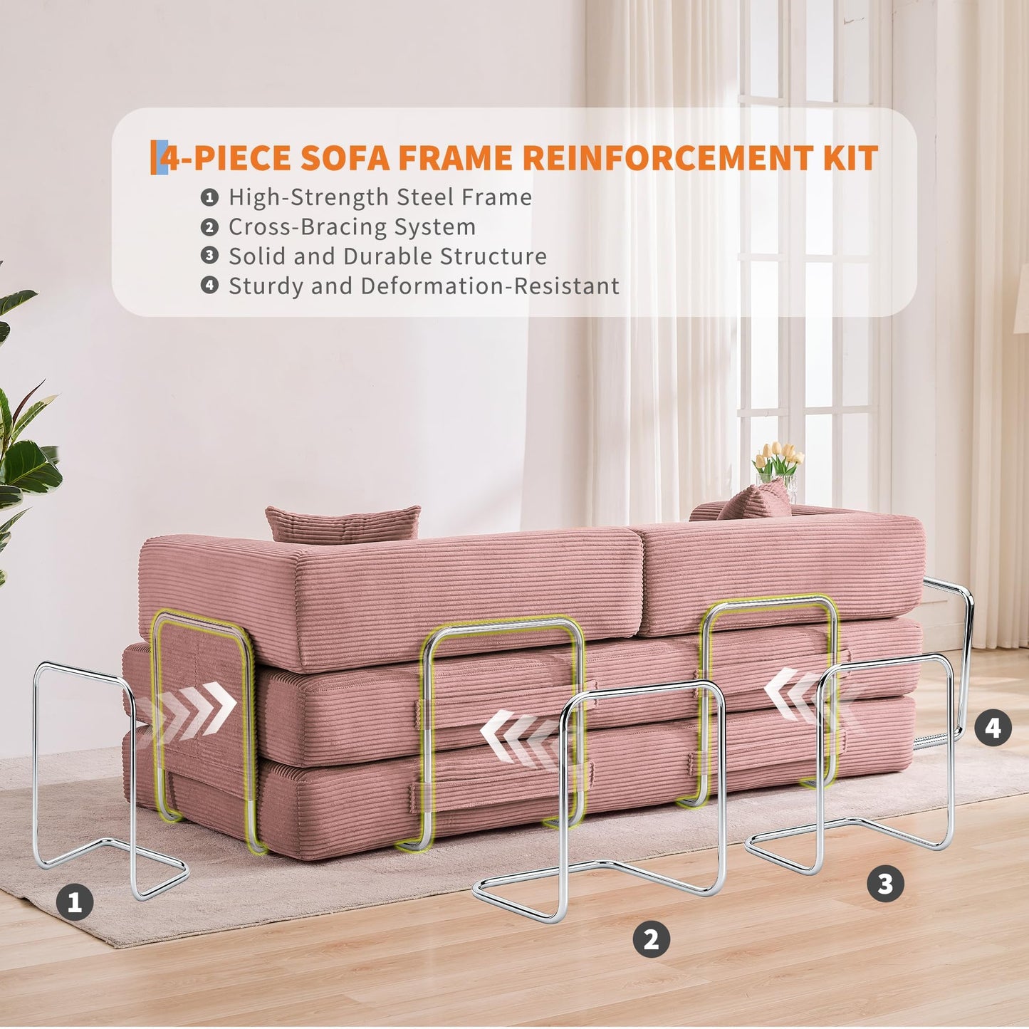 GarveeLife 78.8" Modular Corduroy Sofa Bed,5 in 1 Convertible Futon Floor Couch with Pull-Out Sleeper,Multi-Functional Futon for Living Room Guest Room & Small Spaces