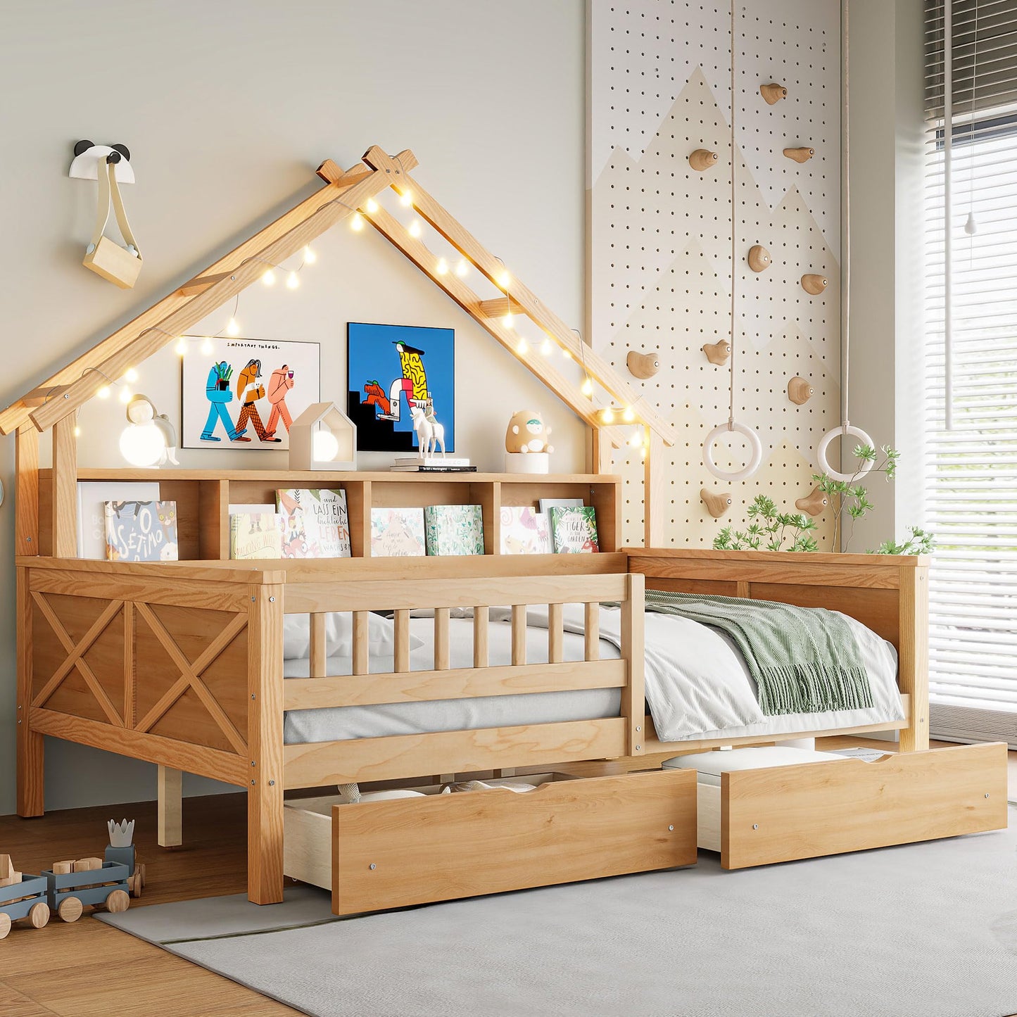 Merax Full Size House Platform Bed with LED Lights, Storage Shelves & Drawers - Bed with Guardrail, Sturdy Pine Wood & MDF Frame, Natural