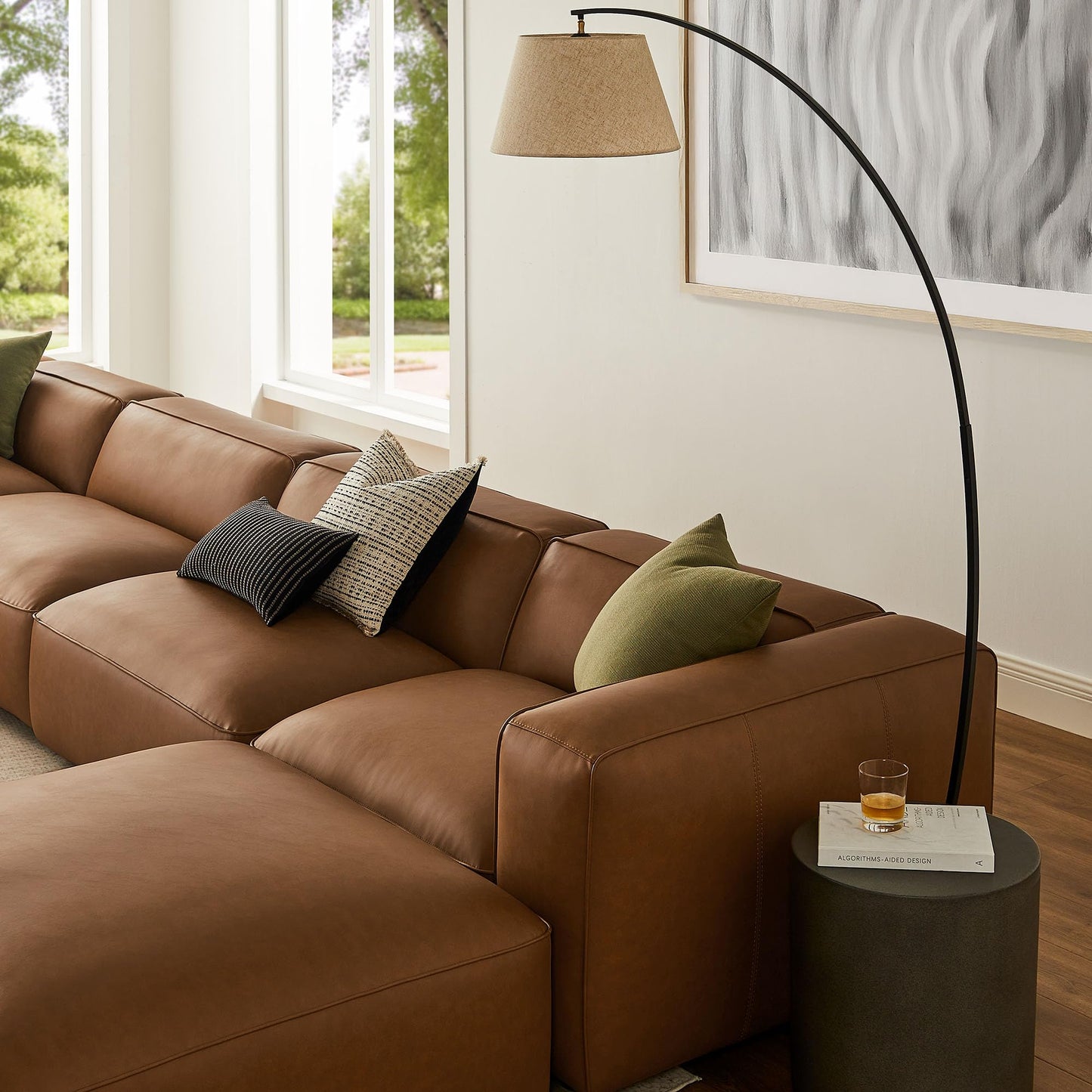 Modway Auren Vegan Leather 6 Piece Modular Sofa in Coffee - Faux Leather 4 Seater Sectional - Comfy Modern L Shaped Sofa - Oversized Mid Century Modern Couch for Living Room