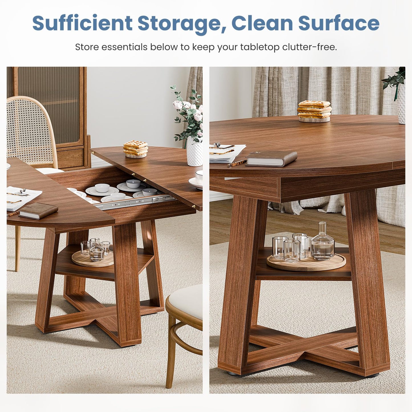 HAPPYMONT Extendable Round Dining Table for 4-8, Space Saving Kitchen Wooden Table with Storage Shelf and Sturdy Base for Kitchen, Dining, Living Room, Brown