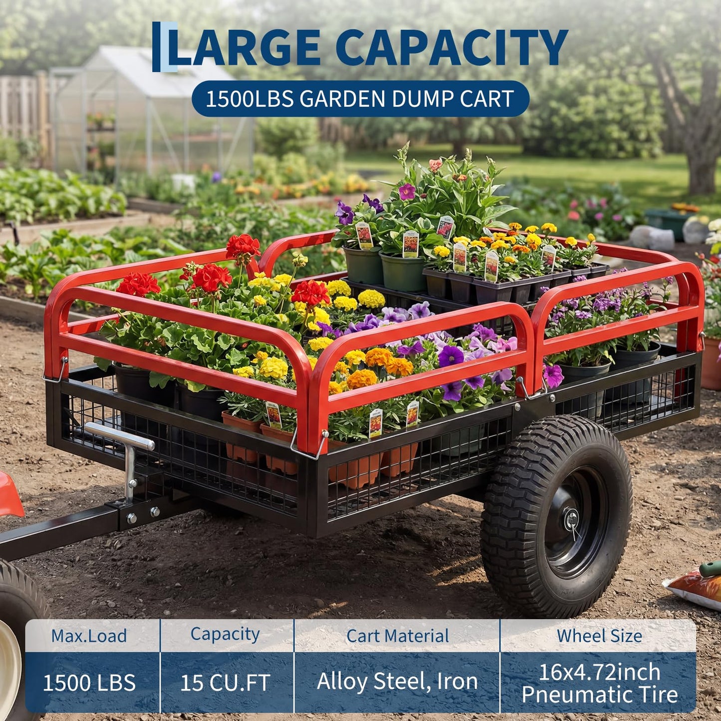 Garvee 1500 Lbs Heavy Duty Steel Dump Cart, 15 Cu ft Garden Utility Trailer with Removable Sides, Hand Pull or Foot Pedal Dumping for ATV UTV Lawn Mower Tractor