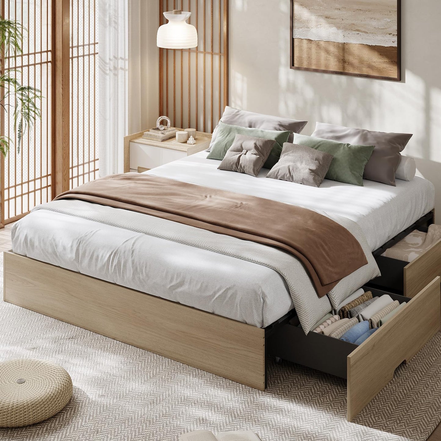 Garvee Queen Bed Frame with 2 Storage Drawers, Wood Platform Floor Bed Frame Without Headboard, Wood Slat Support, No Box Spring Needed, Easy Assembly