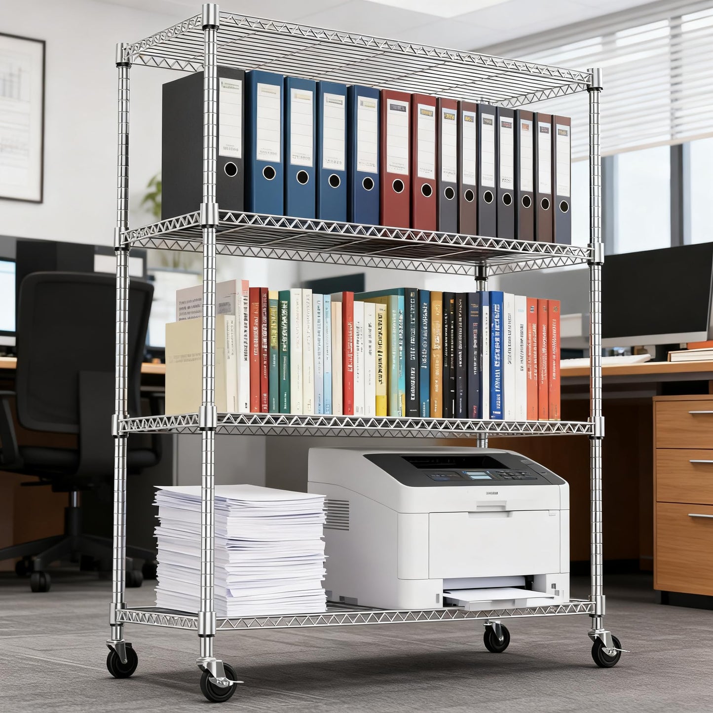 M MZG 1400LBS 47.2" W 4 Tiers Storage Shelves Metal Shelving Unit with Wheels Heavy Duty Garage Shelving Adjustable Wire Shelves for Pantry,Kitchen,Garage,Basement,Chrome 17.7" D x 47.2" W x 62.6" H