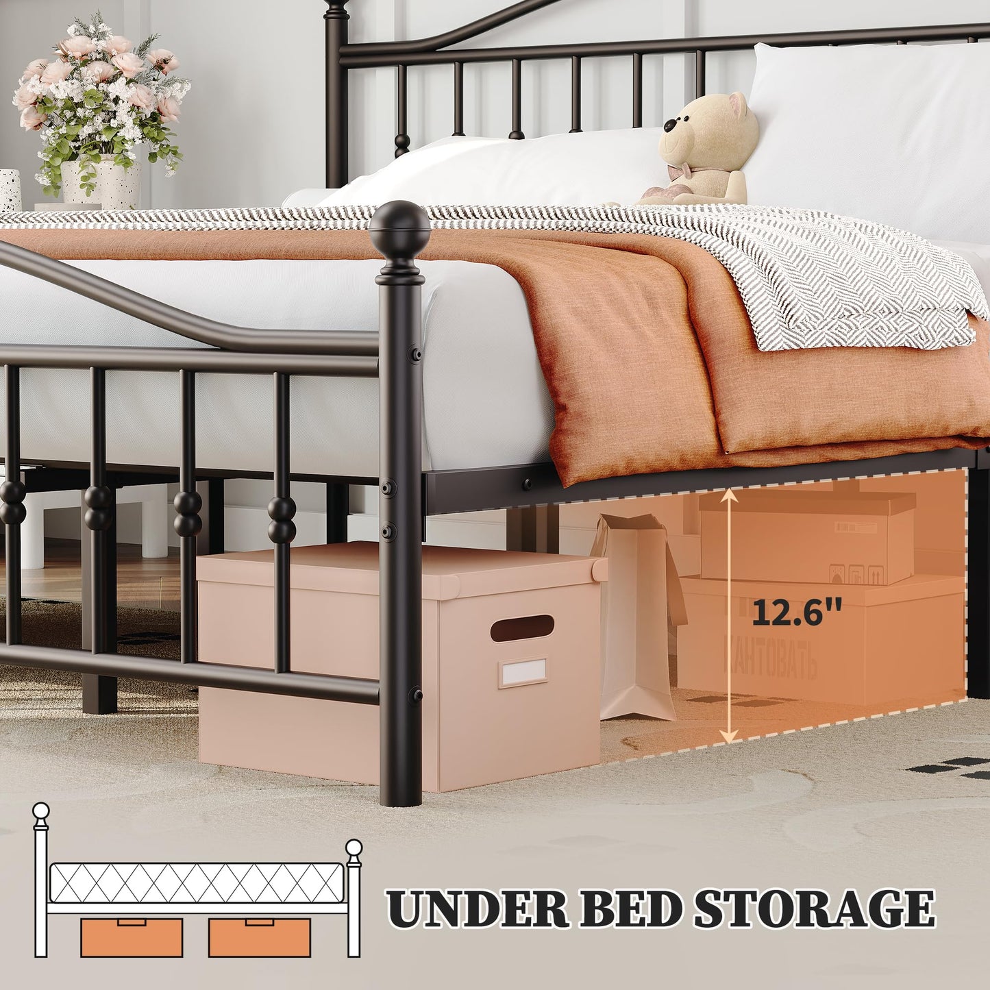 GAOMON King Size Metal Platform Bed Frame,Mattress Foundation with Victorian Style Wrought Iron-Art Headboard and Footboard,Under Bed Storage,Noise Free,No Box Spring Needed,Easy Assembly(Black)