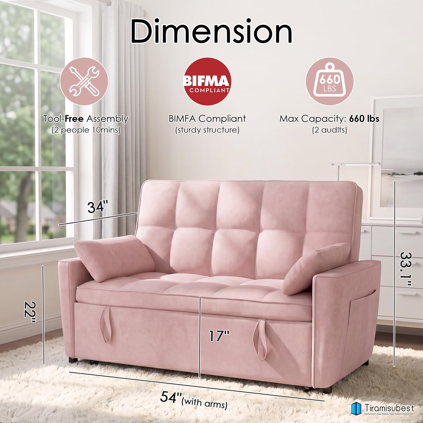 tiramisubest 54'' Sleeper Sofa Bed, Convertible Pull Out Couch Futon for for Living Room,Apartment (Pink, Loveseat) Side Pockets, Velvet Fabric, Adjustable Backrest, Pull-Out Bed, Easy Assembly