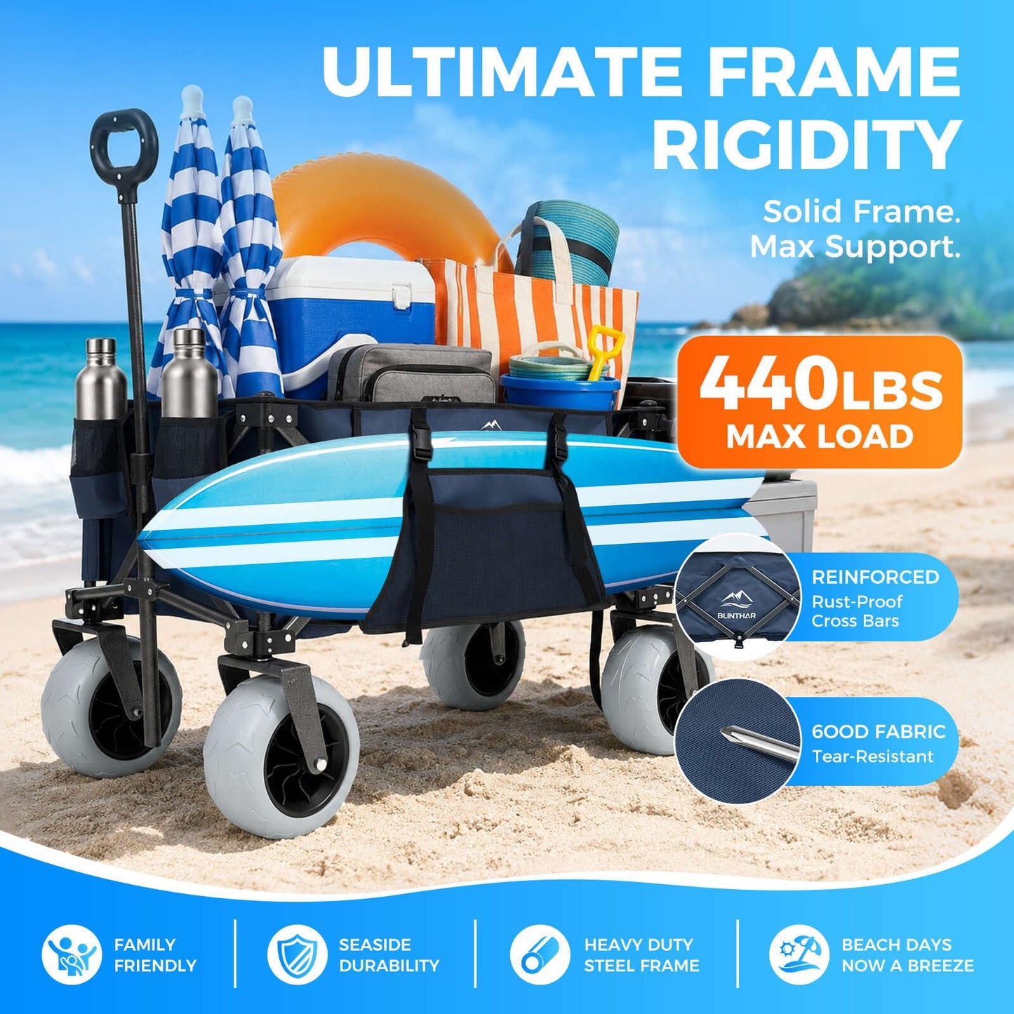 Heavy Duty Beach Wagon with 9" Big Sand-Proof Wheels, Extended Tailgate Design, 440lbs Folding Wagon Cart, 41" Utility Wagon with Side Bag, Adjustable Handle for Sand, Outdoor