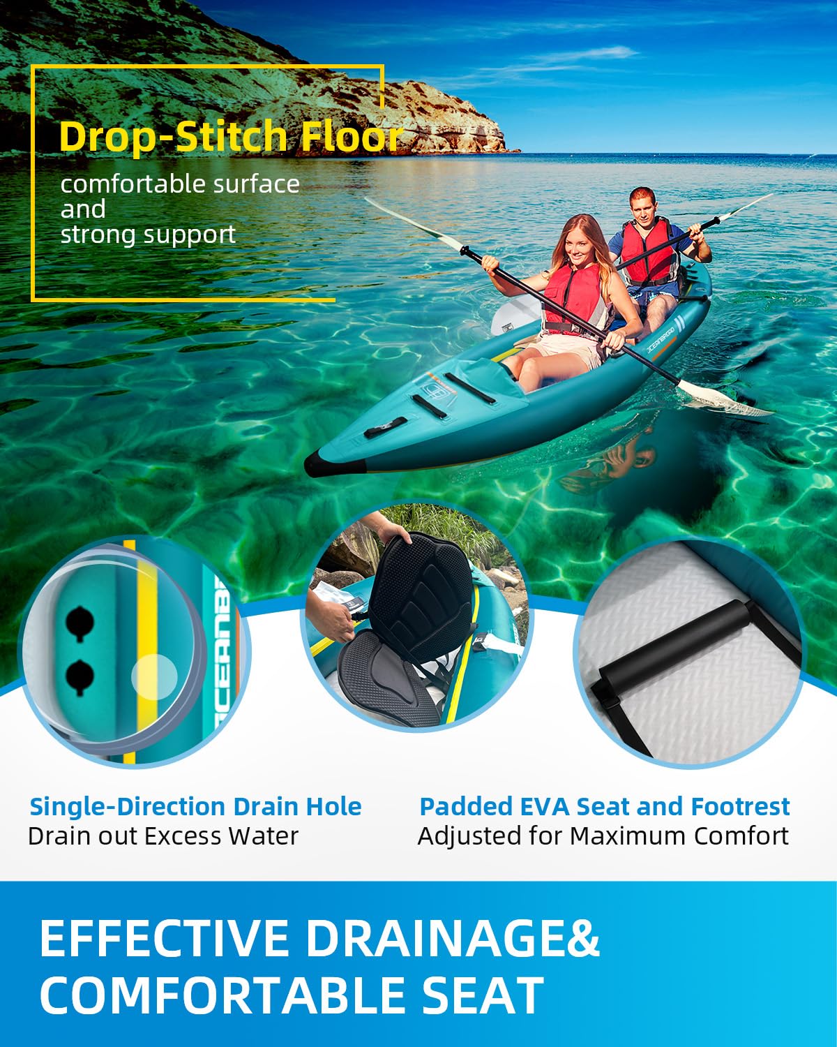 OCEANBROAD V1-320 Inflatable Sit-in Kayak(NO HIN) for Adults with Paddle, Kayak Seat, Pedal, Hand Pump and Bag, 3.2m/10ft 1-Person Kayak, Blue
