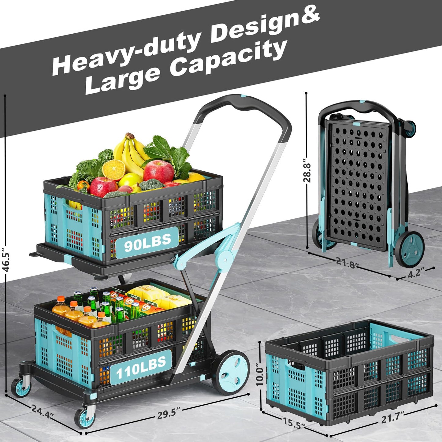 Foldable Shopping Cart, 200 lbs Capacity Grocery Cart on Wheels with Two Collapsible Crate Heavy Duty Collapsible Carts with Foot Brake for Groceries, Office, Warehouse and Supermarket