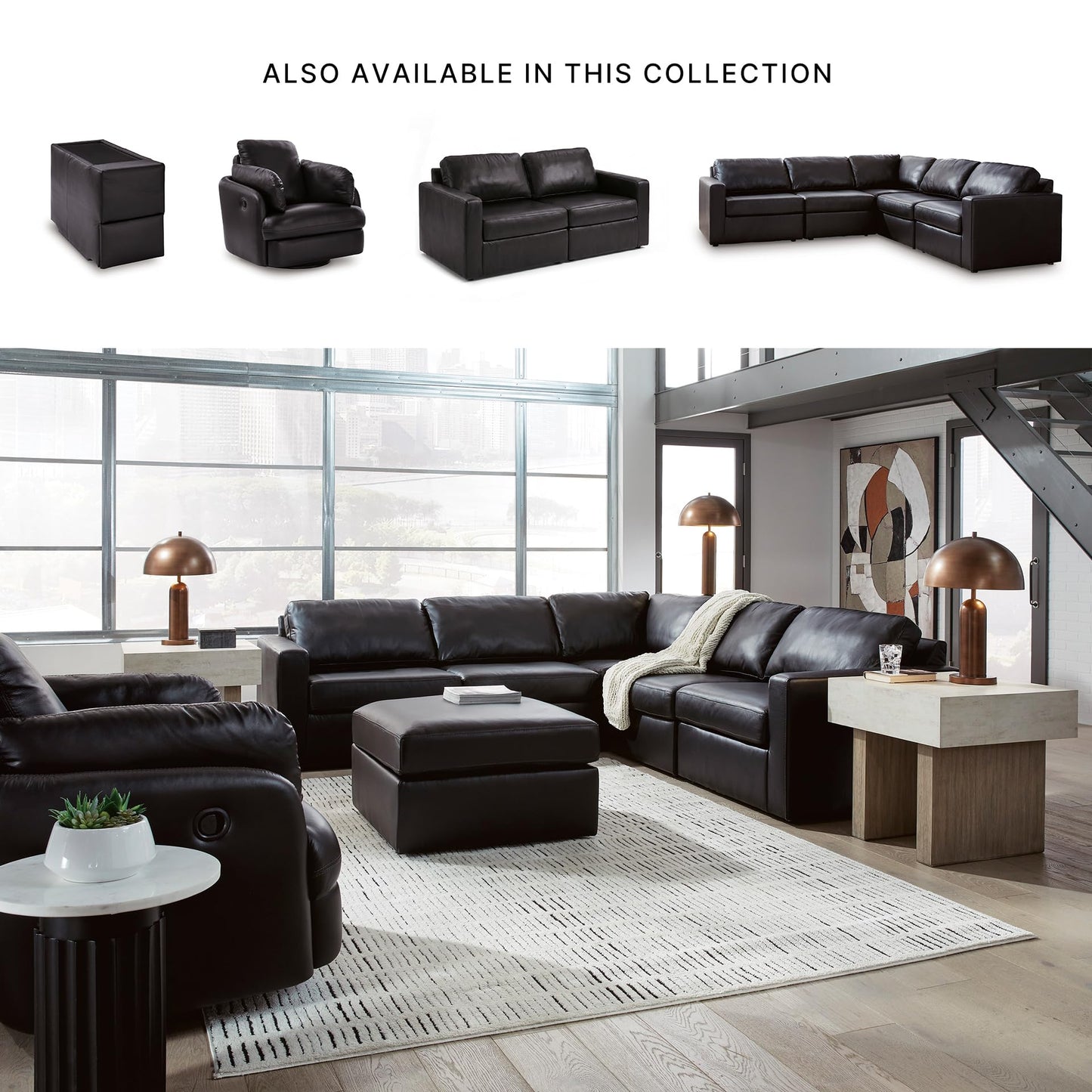 Signature Design by Ashley Modmax II Sectional Sofa, Modular Design, Top Grain Leather, Contemporary Sectionals for Living Room Seating for Flexible Layouts, Black, 108" W x 108" D