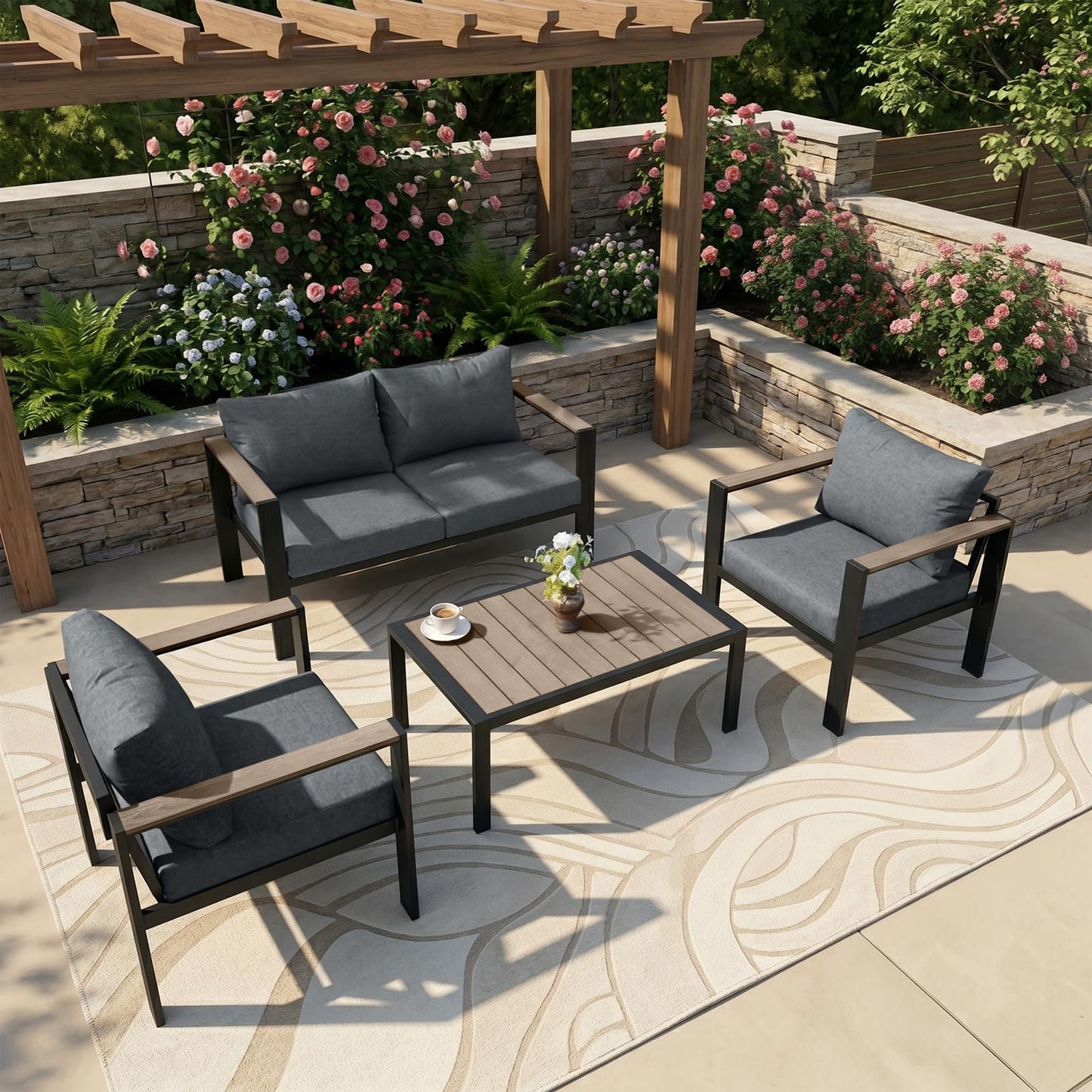 SAILARY Outdoor Patio Furniture Set 4 Seats Luxury Aluminum Patio Conversation Set with Coffee Table, Washable Thick Cushions, Large Sectional Sofa for Porch, Balcony, Deck, Yard, Gray