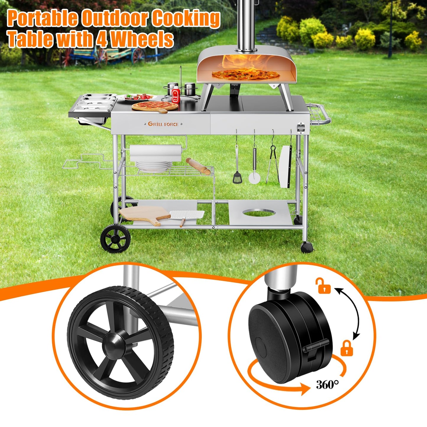 GRILL FORCE 50"x 25" Pizza Oven Table,Outdoor Pizza Cart with Topping Station Grill Table Stand with Wheels for Ninja, Blackstone Griddle, Ooni, Gozney, Cuisinart.