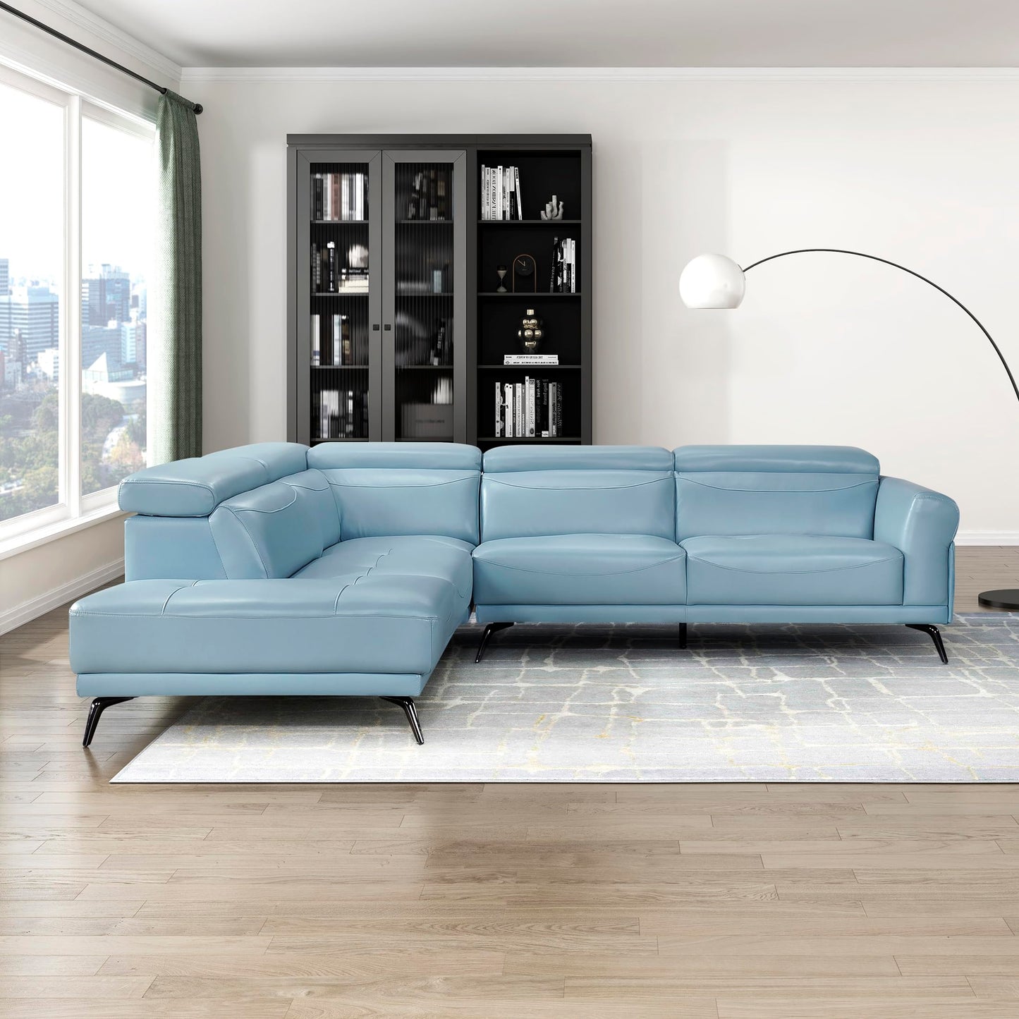 Lexicon L-Shaped Sectional Couch with Left Chaise, Top Grain Leather Match Sectional Sofa, Adjustable Headrests, Black Chrome Metal Legs, High-Density Cushions, Stitching, for Living Room, Blue