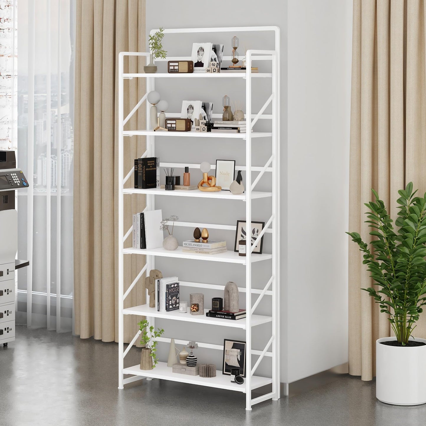 JSB 6 Tier No Assembly Folding Bookshelf, 30.3" Wide Foldable Storage Bookcase for Home Office, Space-Saving Storage Shelf for Living Room (All White)