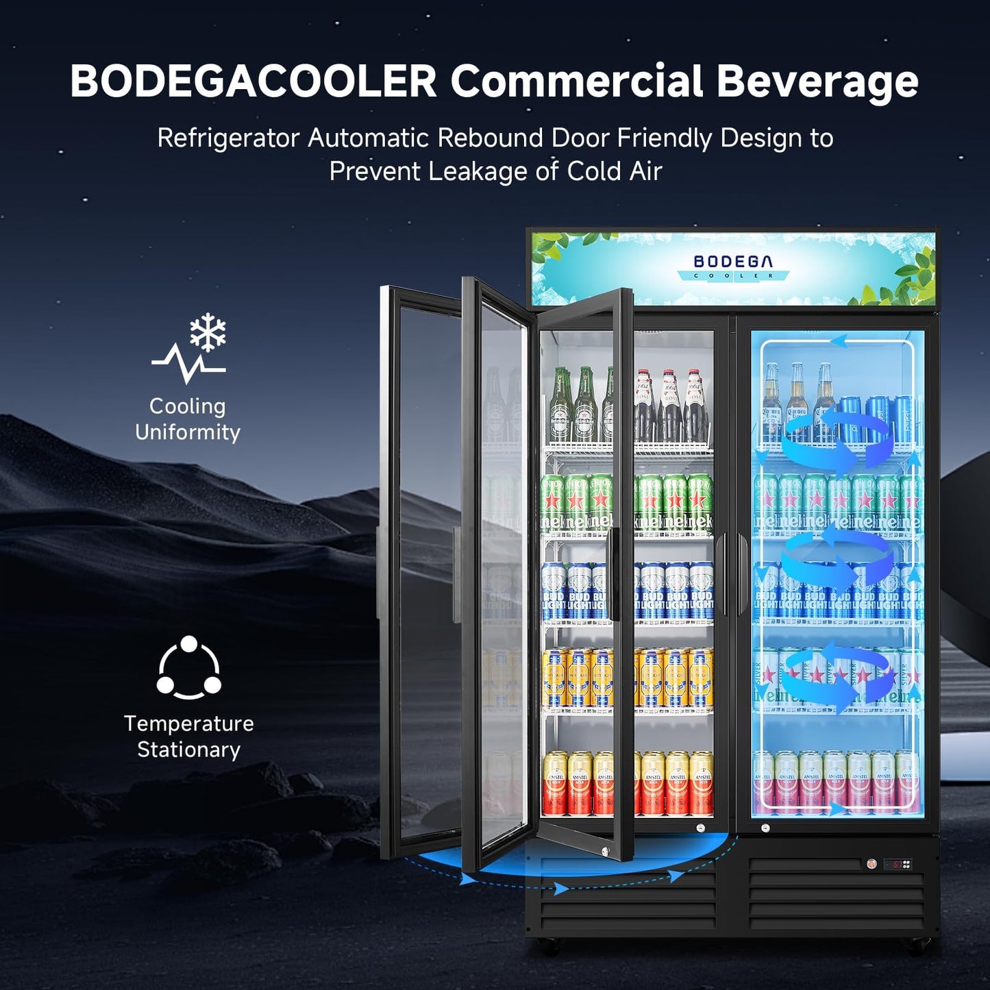 BODEGACOOLER 44.5"W 35.4 Cu. Ft Commercial Beverage Refrigerator, 2 Glass Door Merchandiser Cooler Display Refrigerator with LED Lighting, Adjustable Shelves, Temperature Control and Casters, Black