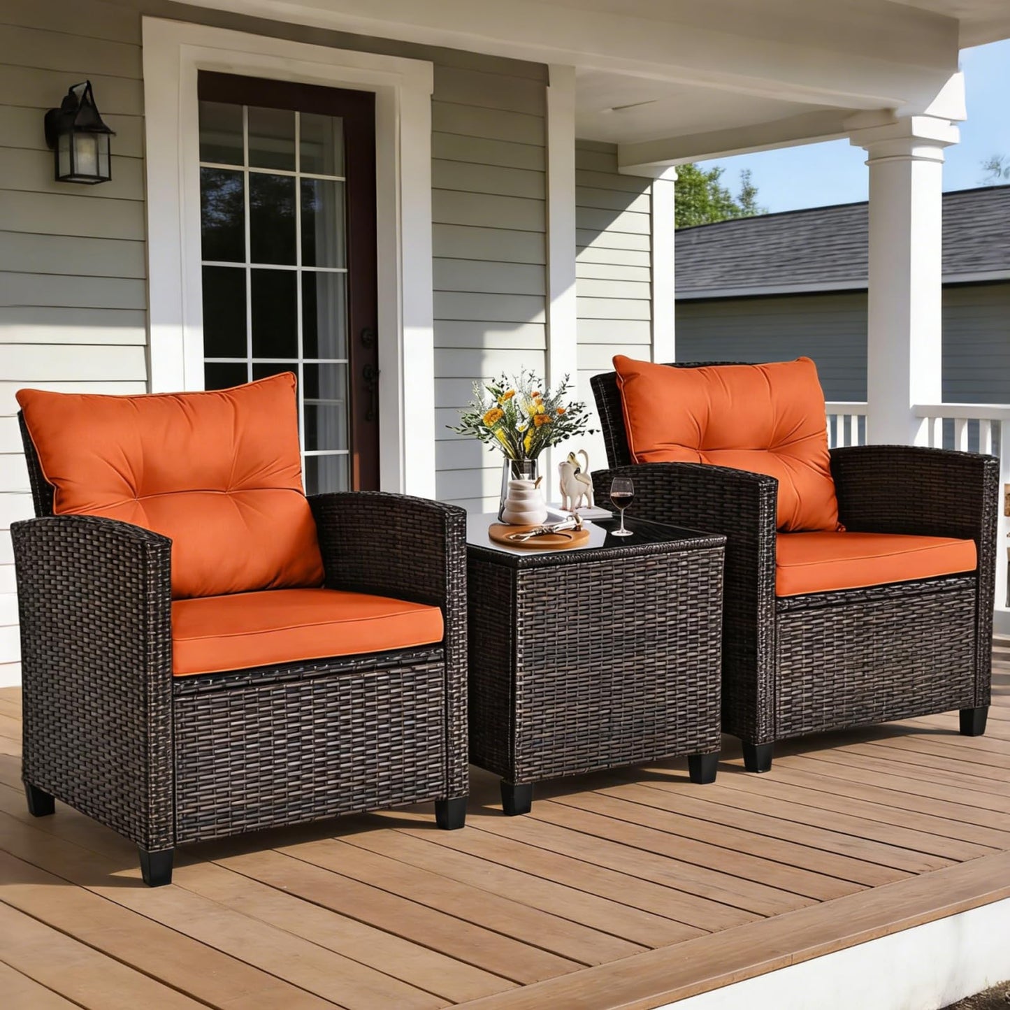 COSTWAY 3PCS Patio Furniture Set, PE Rattan Wicker Sofa w/Washable Cushion and Coffee Table, Tempered Glass Tabletop, Outdoor Conversation Set for Balcony, Porch, Yard, Backyard, Lawn (Orange)