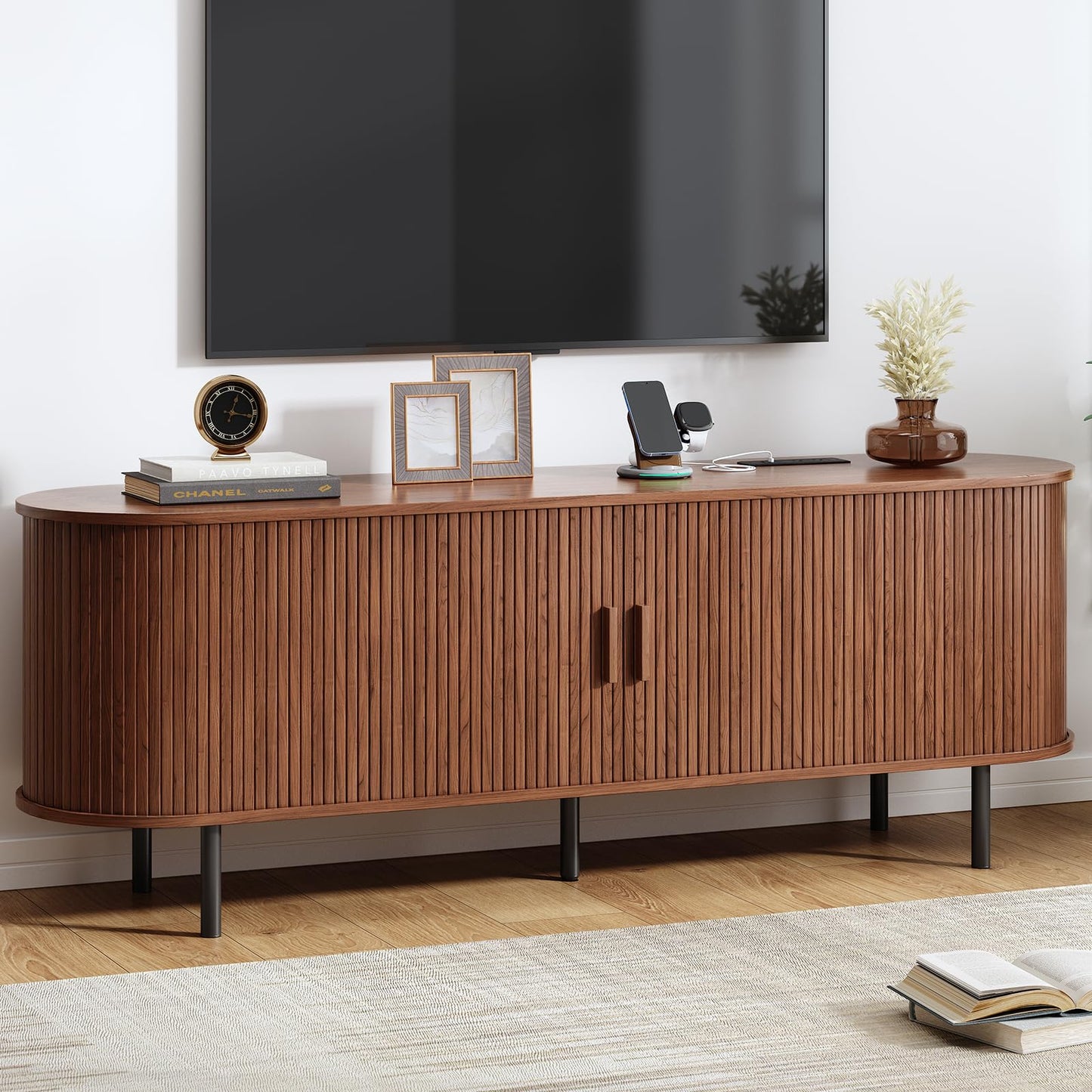 63" Fluted TV Stand with Power Outlet, Modern Media Console with Sliding Doors, Entertainment Center for TVs up to 60 Inch, Adjustable Shelves, Walnut