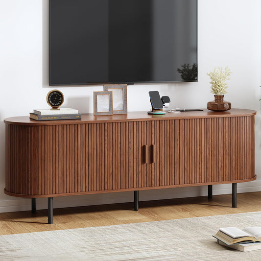 63" Fluted TV Stand with Power Outlet, Modern Media Console with Sliding Doors, Entertainment Center for TVs up to 60 Inch, Adjustable Shelves, Walnut