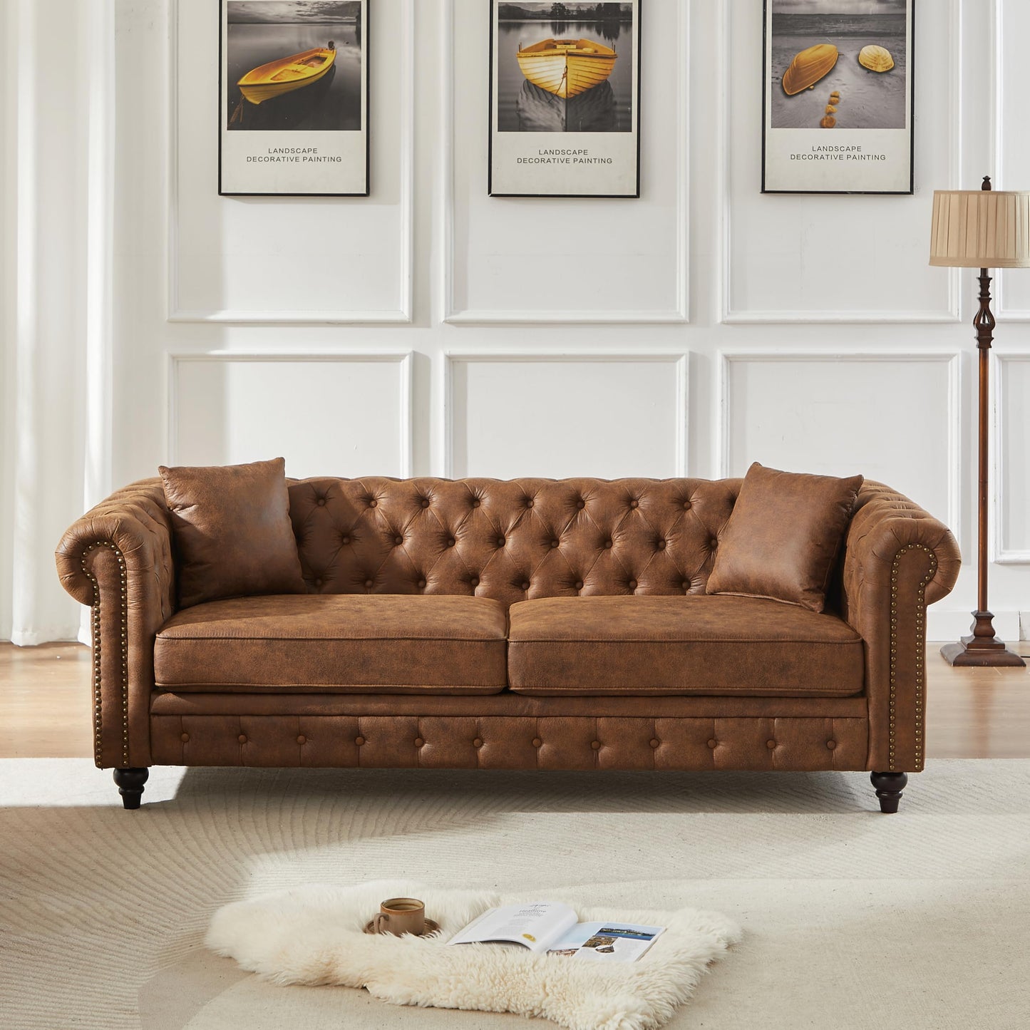KEIKI Chesterfield Sofa, Retro Style Upholstered 3+3 Seats Tech Fabric Couch with Rolled Arm for Living Room Bedroom Office, Brown