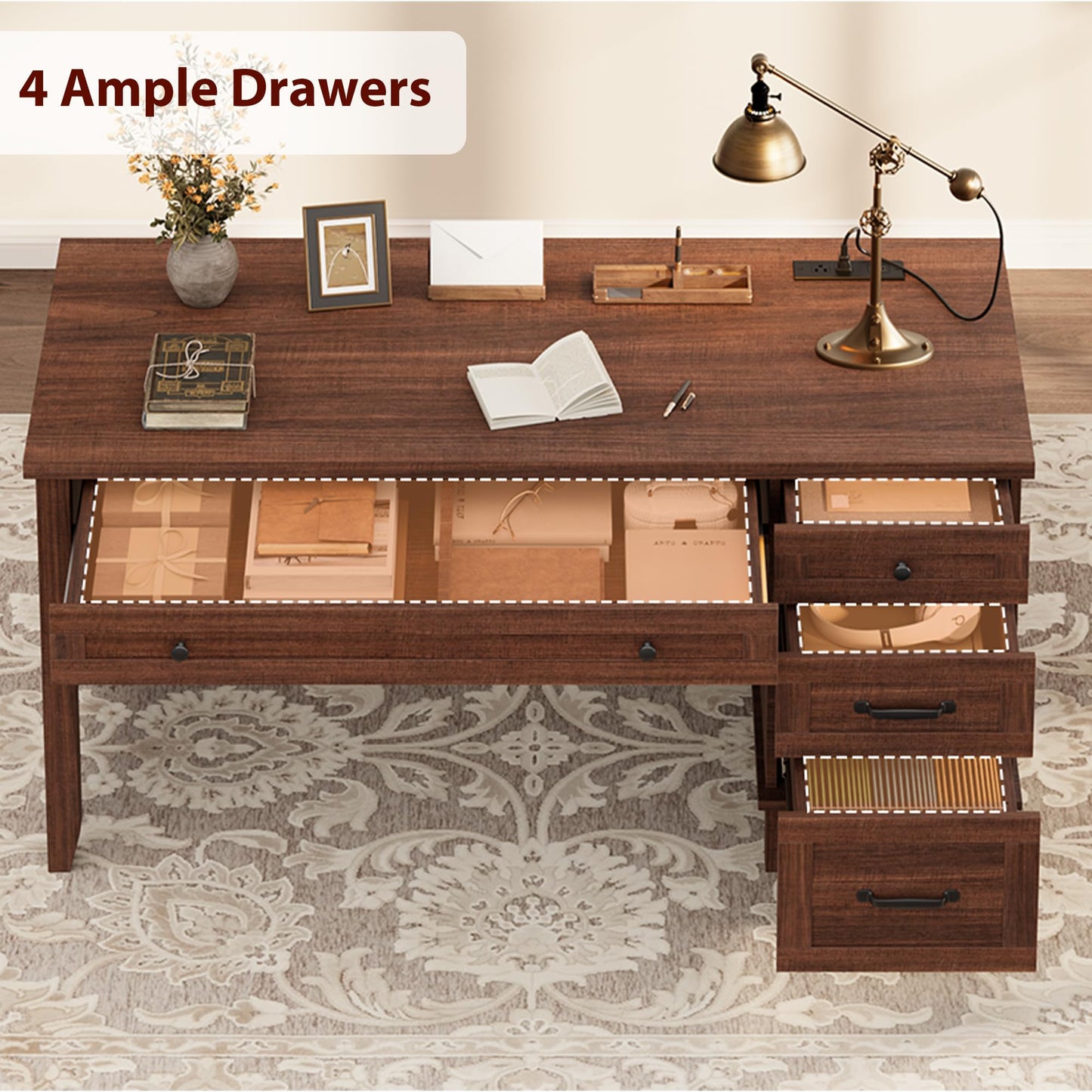 IDEALHOUSE 53.5" Farmhouse Computer Desk with Charging Station, Rustic Black Home Office Executive Desk, Wooden Workstation with File Cabinet Storage Drawers for Writing & Study, Rustic Brown