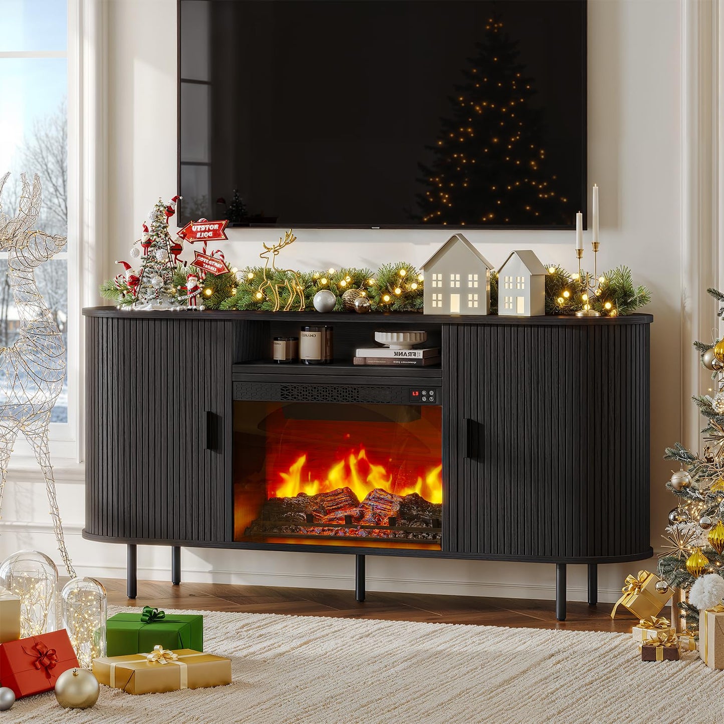 63" Fluted Fireplace TV Stand with 23" Electric Fireplace, Sliding Doors Entertainment Center for TVs Up to 70", TV Console with Power Outlet & Storage, Mid-Century Modern for Living Room, Black