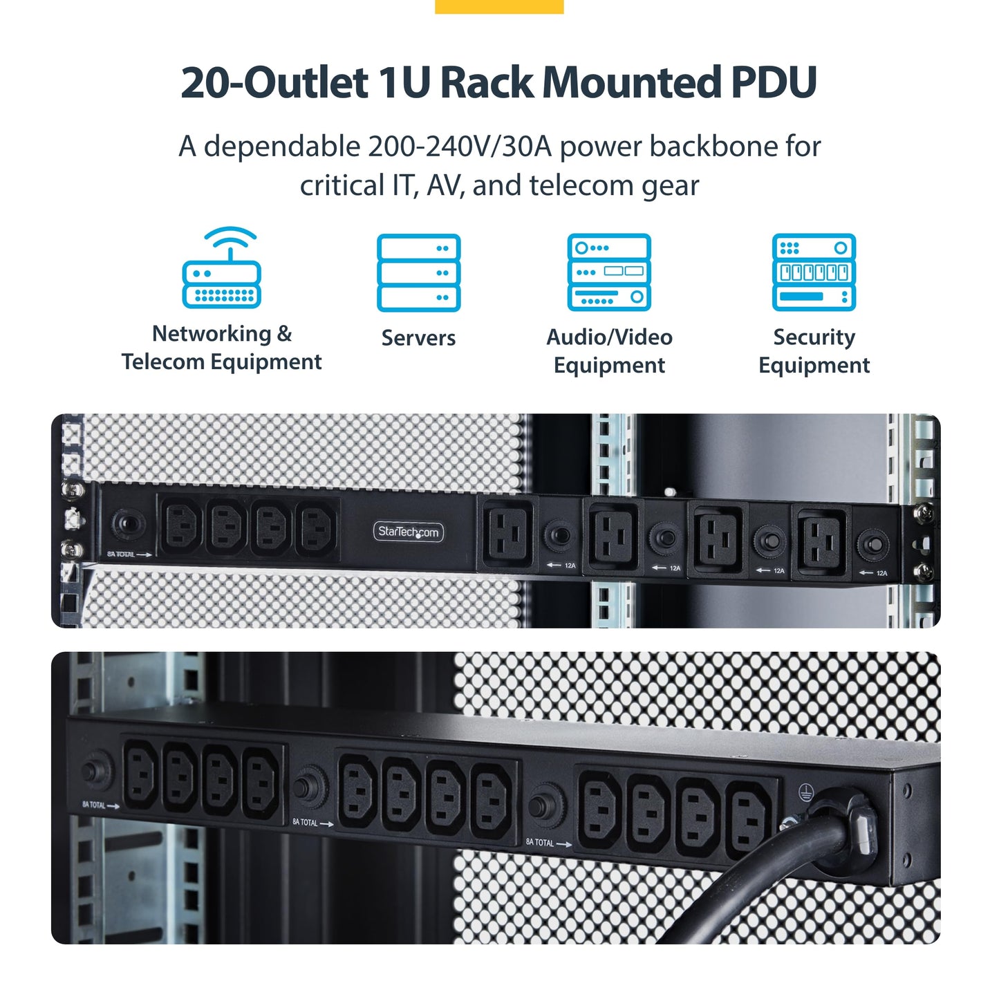StarTech 20-Outlet Rackmount PDU, 1U Server Power Strip, 16x C13 + 4X C19, 8X Front and 12x Rear Outlets, NEMA L6-30P Wall Connection, 30A/240V, UL-Listed, TAA