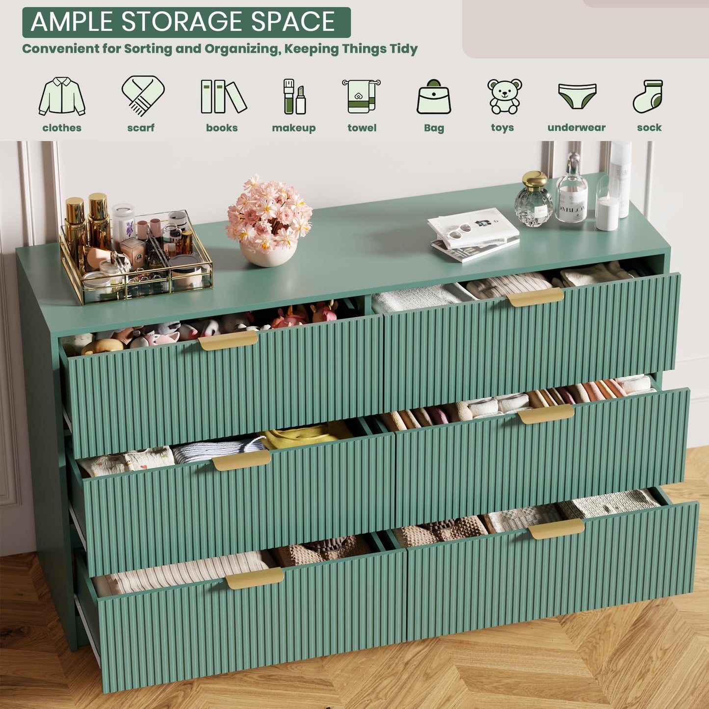 Garvee 6 Drawers Dresser for Bedroom - 54" Wide Modern Fluted Double Chest of Drawers with Golden Metal Handles, Large TV Stand Multi-Function Home Organizer for Living Room, Entryway, Hallway, Green
