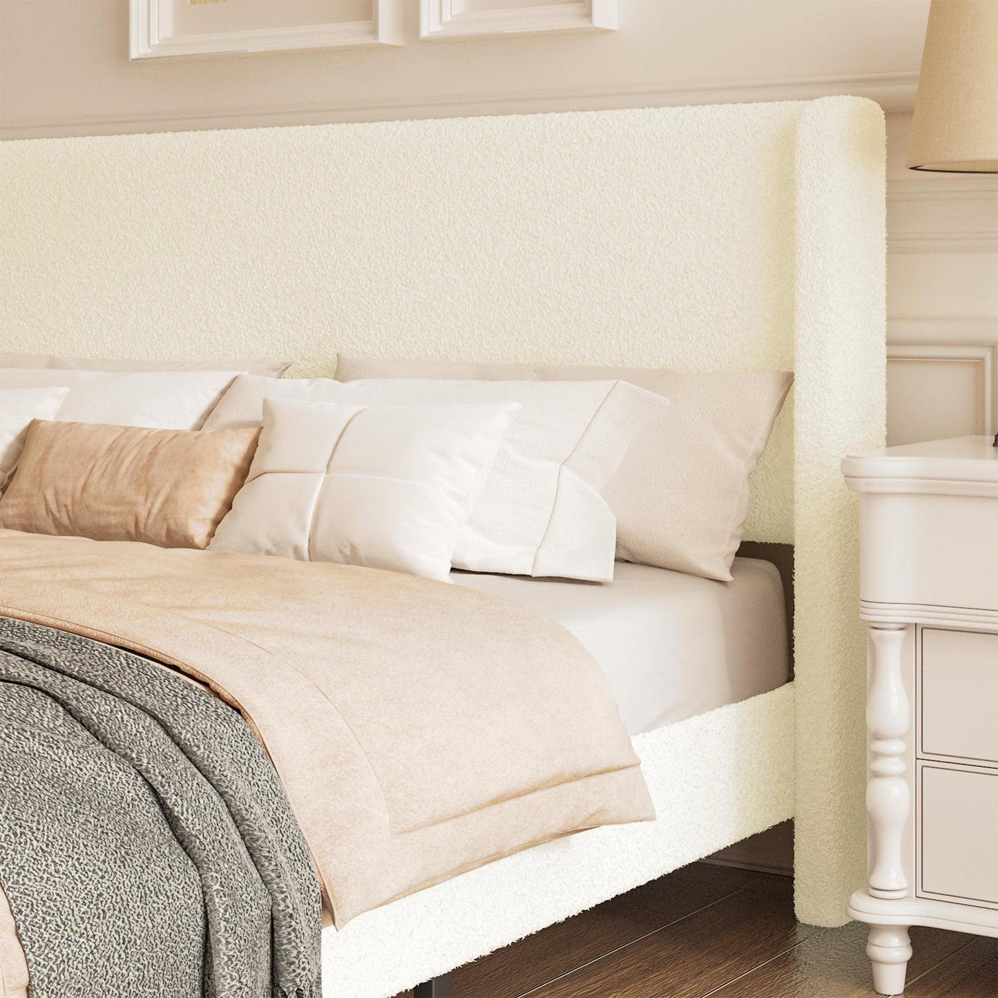 Lcwtvgxr Queen Boucle Upholstered Platform Bed Frame, Beige