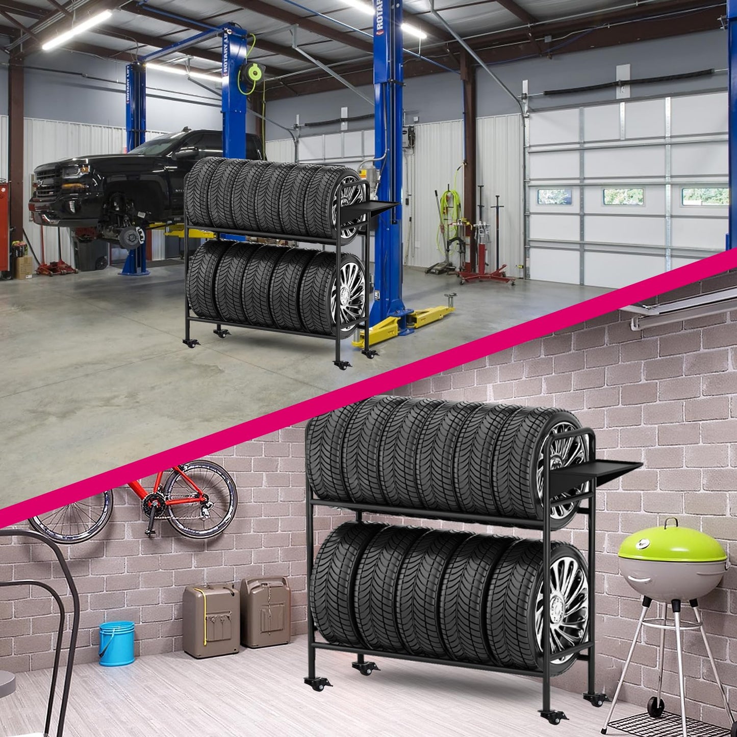 NouraVita Adjustable Rolling Tire Rack for Garage, Heavy-Duty 660LBS Capacity Tire Storage Stand with 4 Self-Locking Casters & Tool Shelf, 59" H x 59" W x 21" D