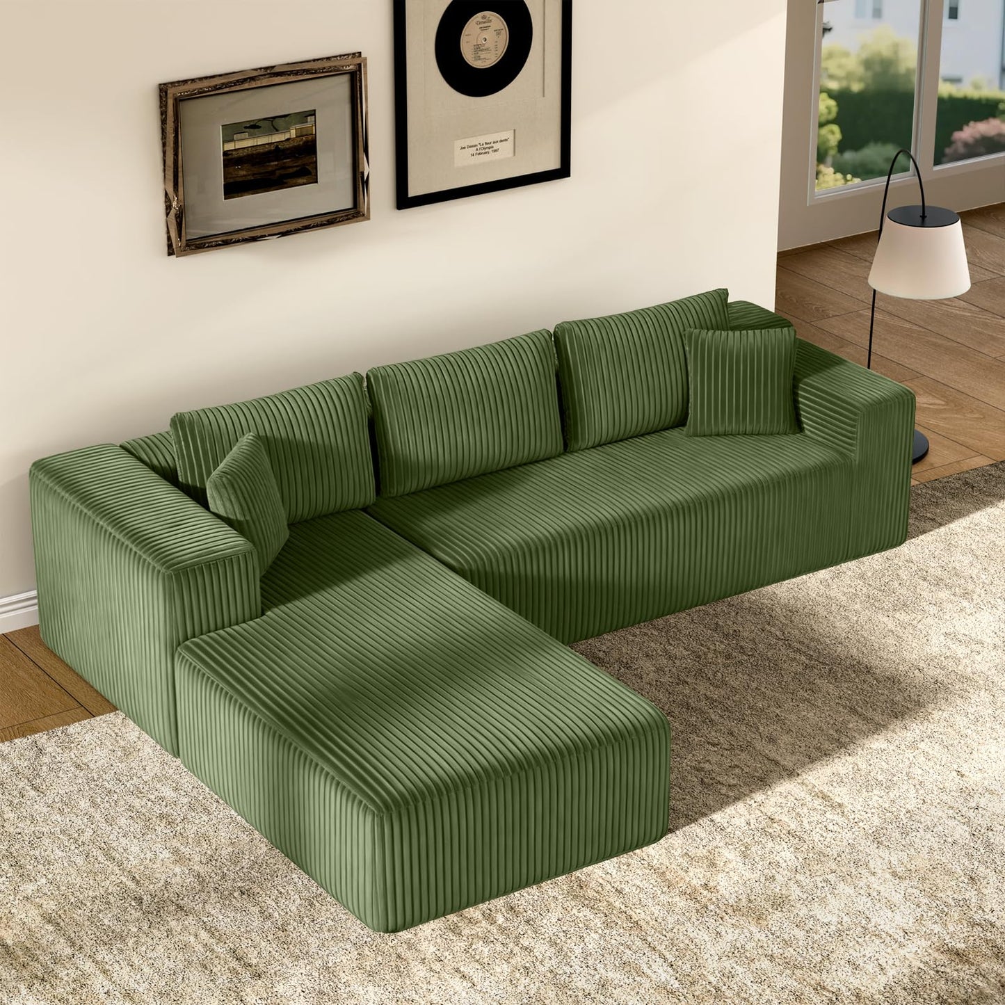 TRUNBACK 106" Modular Sectional Sofa, Green Corduroy Cloud Couch with Right Chaise, Deep Seat Boneless Floor Sofa for Living Room, High-Resilience Foam Support, No Assembly Required, Includes Pillows