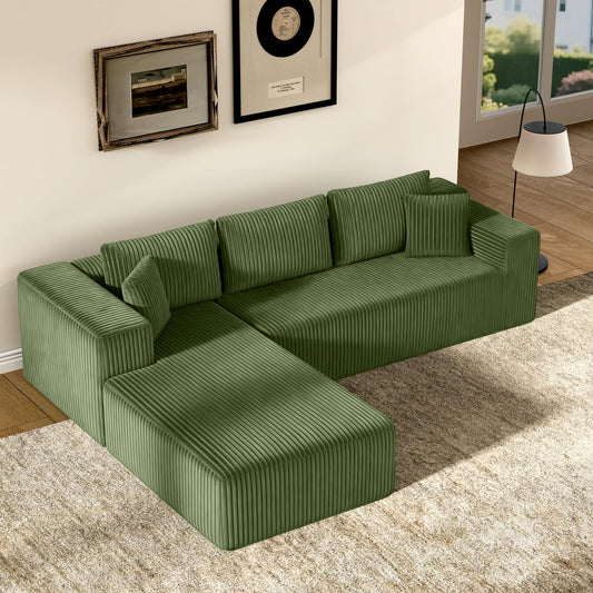 TRUNBACK 106" Modular Sectional Sofa, Green Corduroy Cloud Couch with Right Chaise, Deep Seat Boneless Floor Sofa for Living Room, High-Resilience Foam Support, No Assembly Required, Includes Pillows