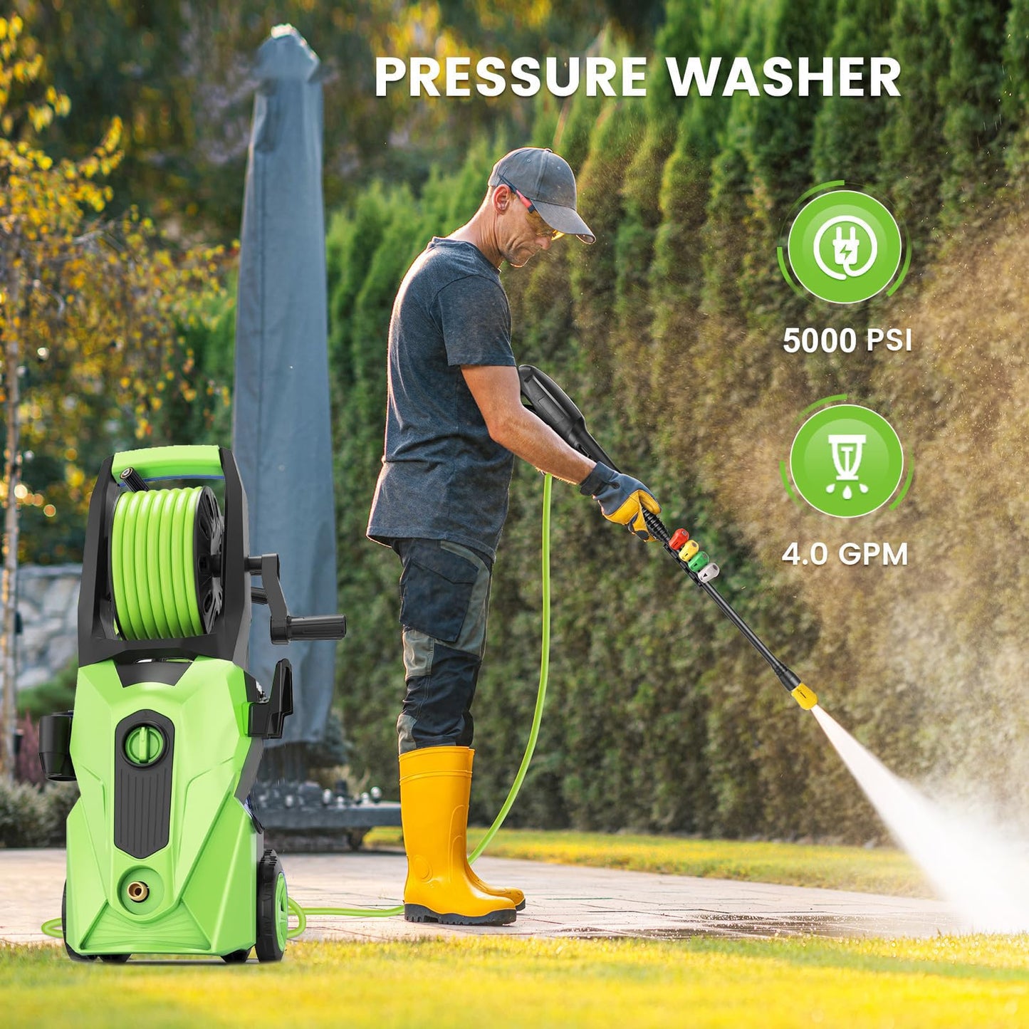 Commowner Pressure Washer 5001PSI Power Washers Powered with 33ft Pressure Hose, 4 Nozzle and Foam Cannon, powerwashers for Home, Cars, Fences, Patio, Green