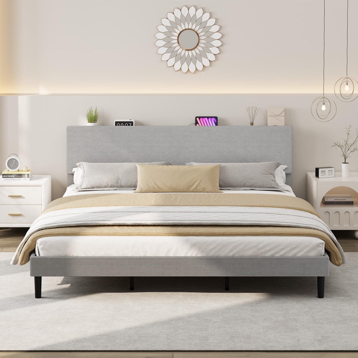 GarveeHome King Size Bed Frame with Adjustable Upholstered Headboard, Platform Bed Frame with Storage Shelf and Charging Station, Strong Wood Slats, No Box Spring Needed, Noise-Free, Light Gray