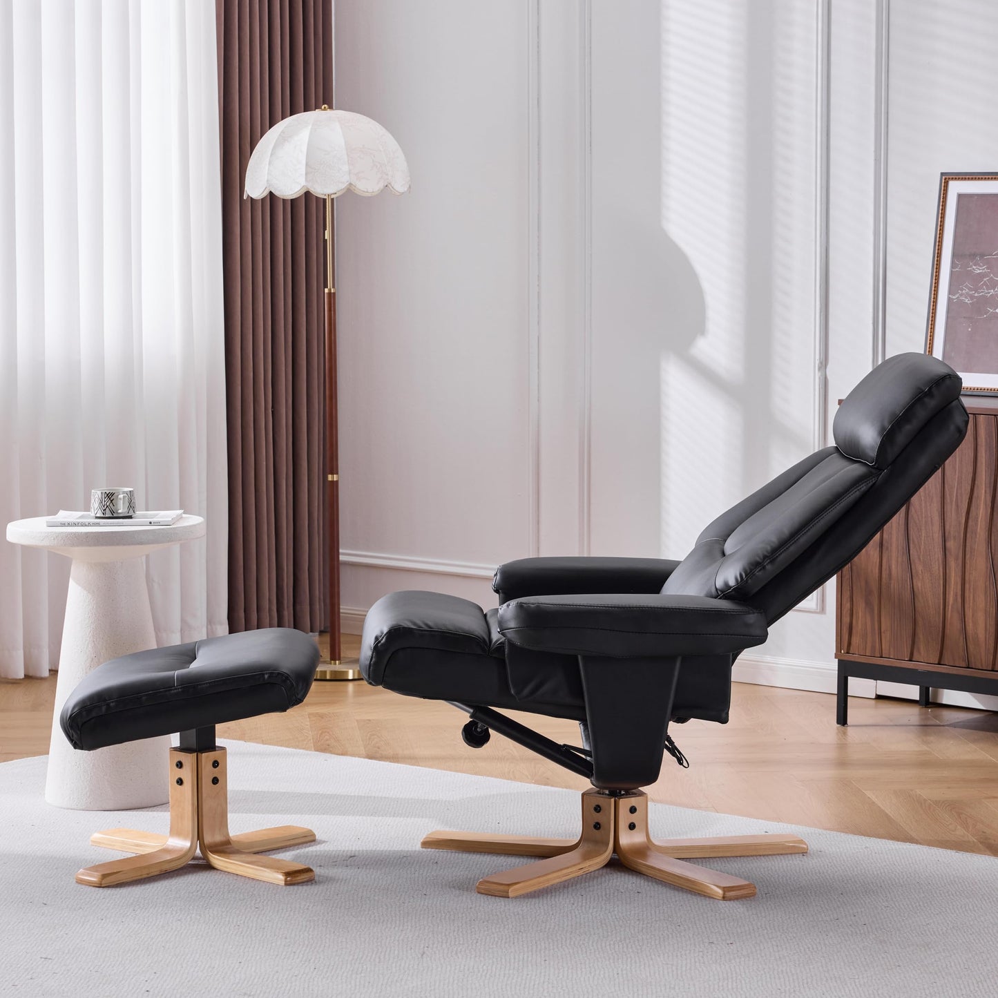 KEIKI 360 Degree Swivel Accent Chair, PU Leather Heated Massage Chair with Ottoman， Ergonomic Seat for Living Room, Lounge, Office, Black