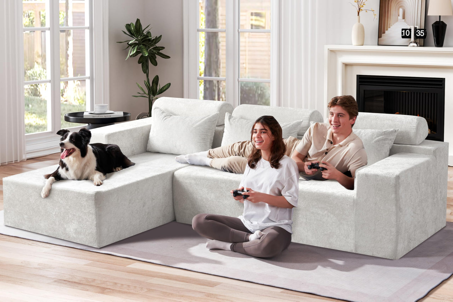 Homguava Modular Sectional Couches for Living Room, Cloud Couch with L-Shape Chaise,Comfy Sofa Living Room Couch with Deep Seat,No Assembly L Couch,Luxury Distressed Velvet(Begie,L)