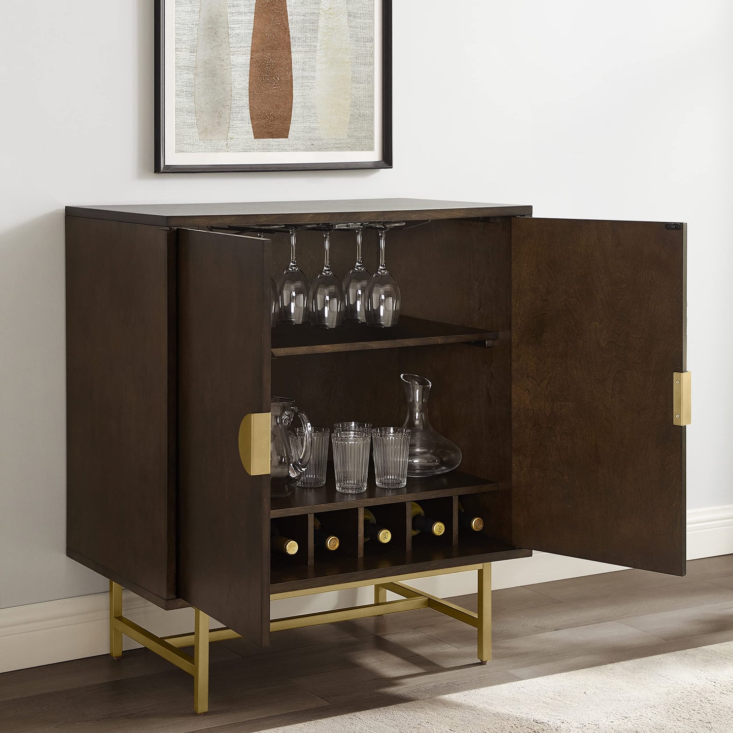 Crosley Furniture Blair Bar Cabinet with Storage Shelves and Wine Rack, Dark Brown/Gold