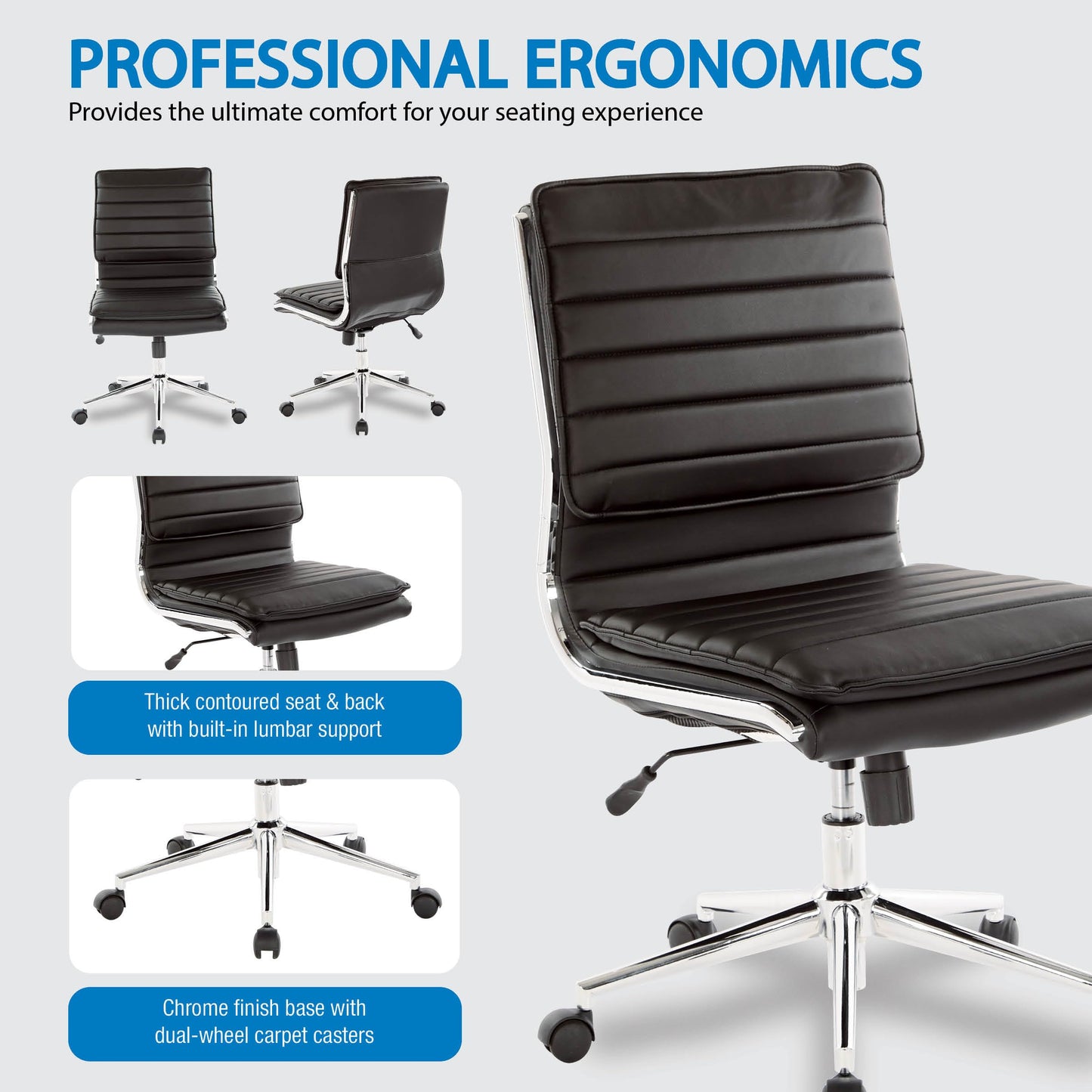 Office Star SPX Professional Ergonomic Ribbed Faux Leather Office Chair with Chrome Base, Mid Back Manager's Chair Without Arms, Black