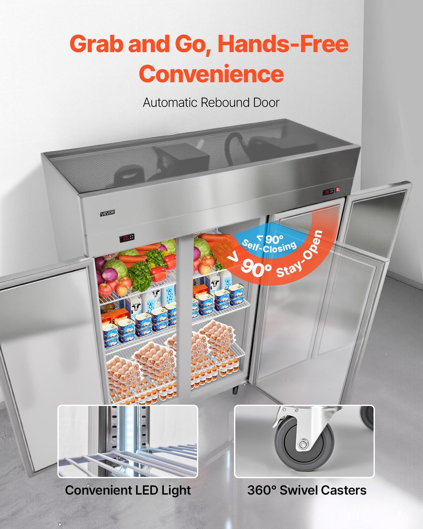 VEVOR Commercial Refrigerator and Freezer Combo 72"W, 51 Cu.Ft Stainless Steel Upright Freezer/Refrigerator with Three Doors, Auto-Defrost, 9 Adjustable Shelves, UL Certified