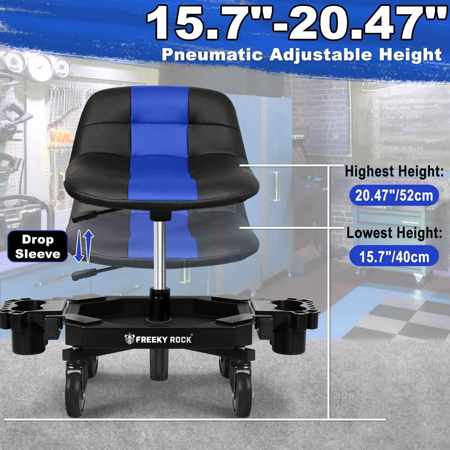FREEKYROCK Rolling Stool with Wheels, Adjustable Height Pneumatic Garage Work Mechanic Stool Seat with Backrest, 400 LBS Capacity 360° Swivel Mechanic Crepper Chair with Tool Tray Storage, Blue