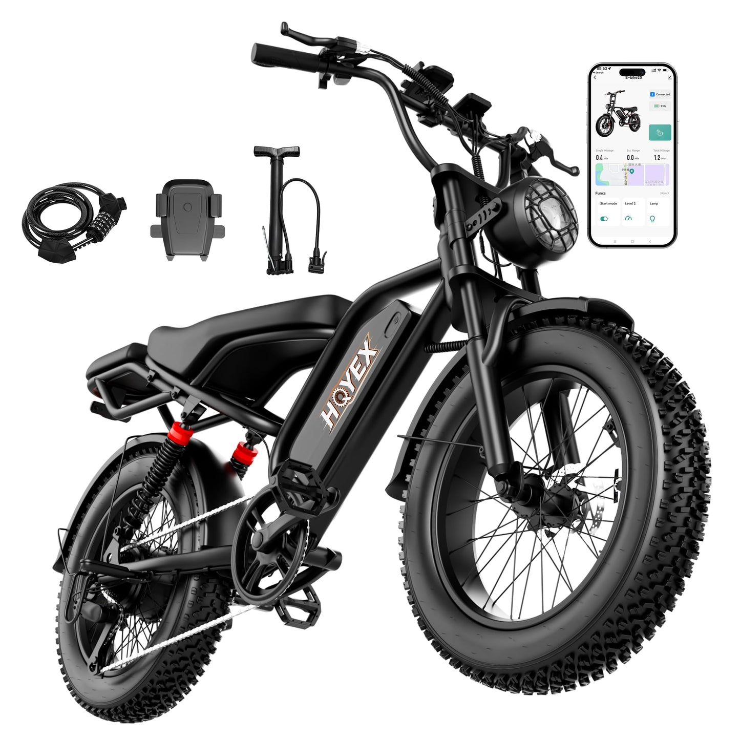 HQYEX Electric Bike for Adults, 1500W Brushless Motor Ebike, 20" Fat Tire Electric Bicycles, 48V 20Ah Battery, 31MPH Top Speed with Dual Suspension E Bikes (Black2)