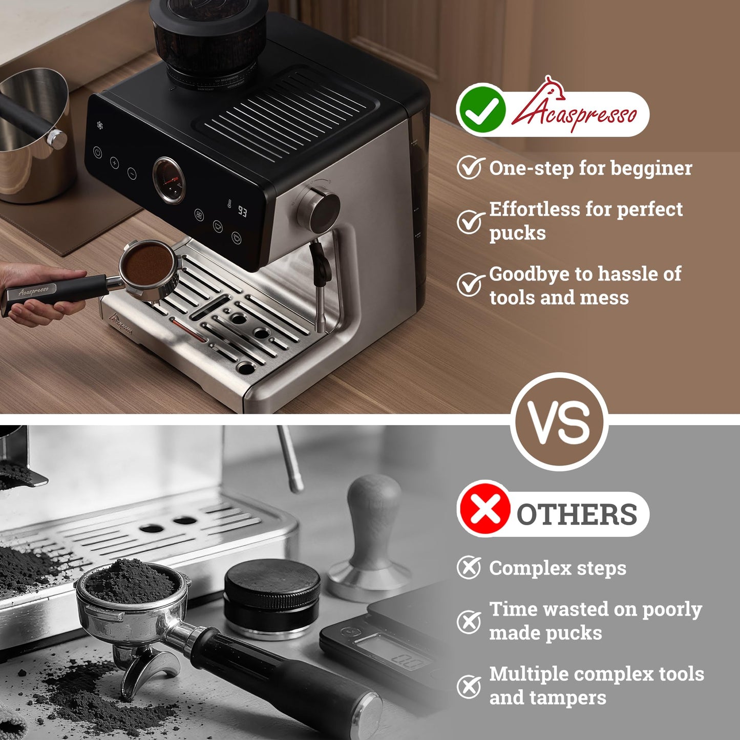 Acaspresso Espresso Machine with Grinder, Auto Distribute & Tamp 15 Bar Semi-Automatic with PID Temperature, Cold Brew Espresso Maker with Milk Frother, 58mm Portafilter for Beginners, Stainless Steel