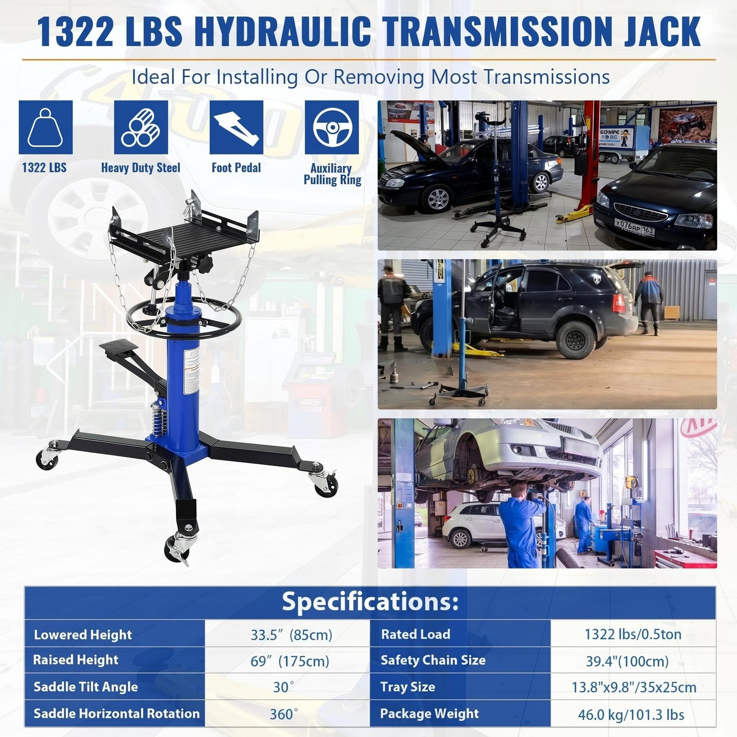 1322 LBS Transmission Jack High Lift 2-Stage Hydraulic Telescopic Stand, 33.5"-69" Height, Foot Pedal & 360° Swivel Wheels, Heavy Duty Transmission Lift for Car, Truck, Garage