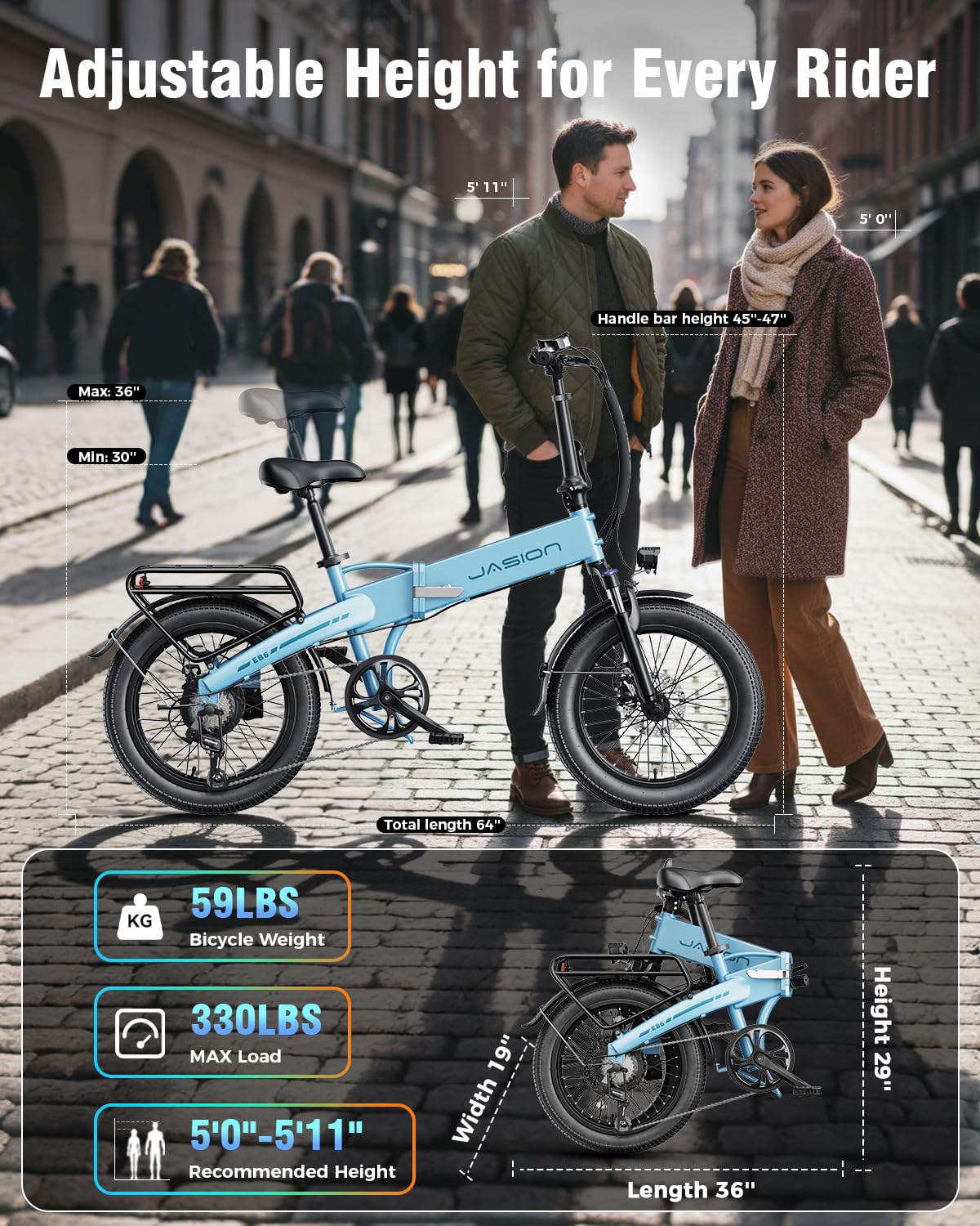 Jasion EBS Folding Electric Bike for Adults, Compact Portable 20" Fat Tire Ebike with 1200W Peak Motor, 48V Removable Battery, 25 MPH 50 Miles Aluminum Frame E-Bike for Trunk, RV, Apartment-UQL