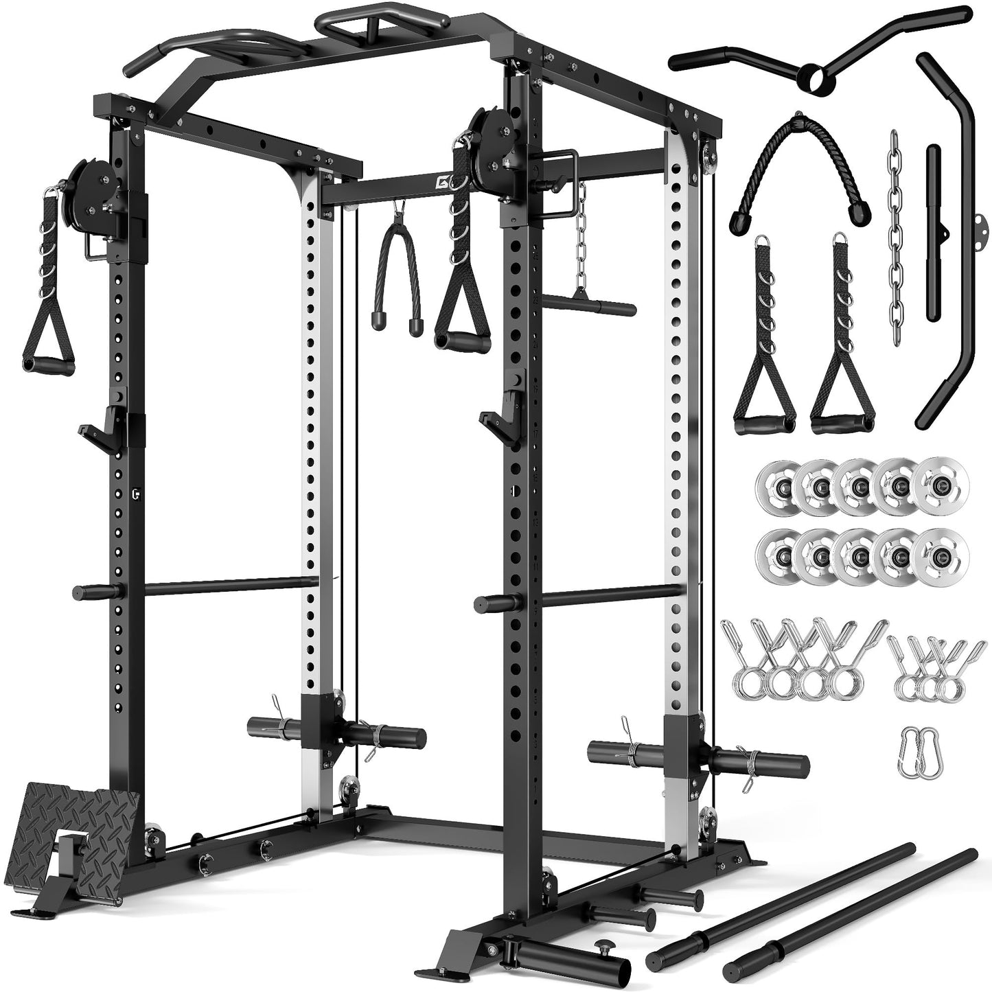 GOIMU DP01 Power Cage, 2000LBS Squat Rack with Cable Crossover and Dual Independent Pulley System, Full Cage for Full Body Training, Power Rack with More Training Attachments for Home Gym (Bk-Pro)