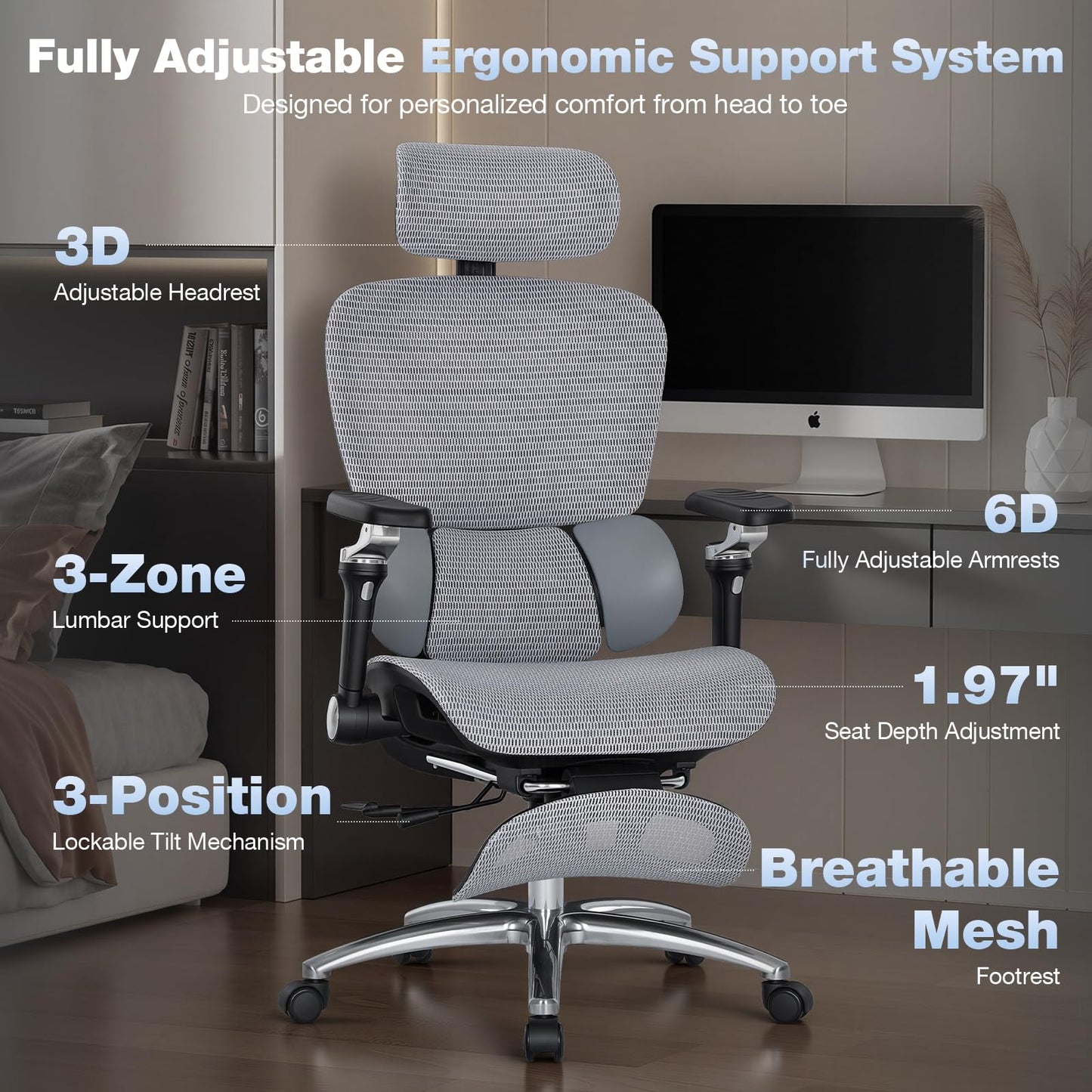 MALOL Ergonomic Office Chair, 400lbs High Back Mesh Desk Chair with 6D Armrests, 3D Headrest, Adjustable Lumbar Support, Seat Depth Adjustment, Tilt Lock, Metal Base & PU Wheels, Grey
