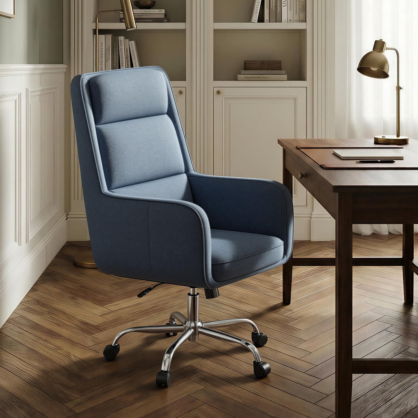 COLAMY Cocoon Modern Executive High Back Home Office Chair, Upholstered Desk Chair with Wheels, Vanity Chair with Head and Lumbar Support, Armrest (Blue)