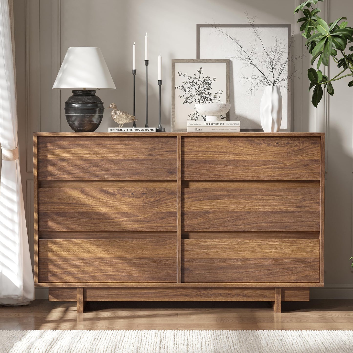 CHUWELL 47" Wide Dresser for Bedroom, Walnut Mid Century Modern Dressers with 6 Drawers, Adequate Capacity Storage,Closet Clothes Organizer for Bedroom